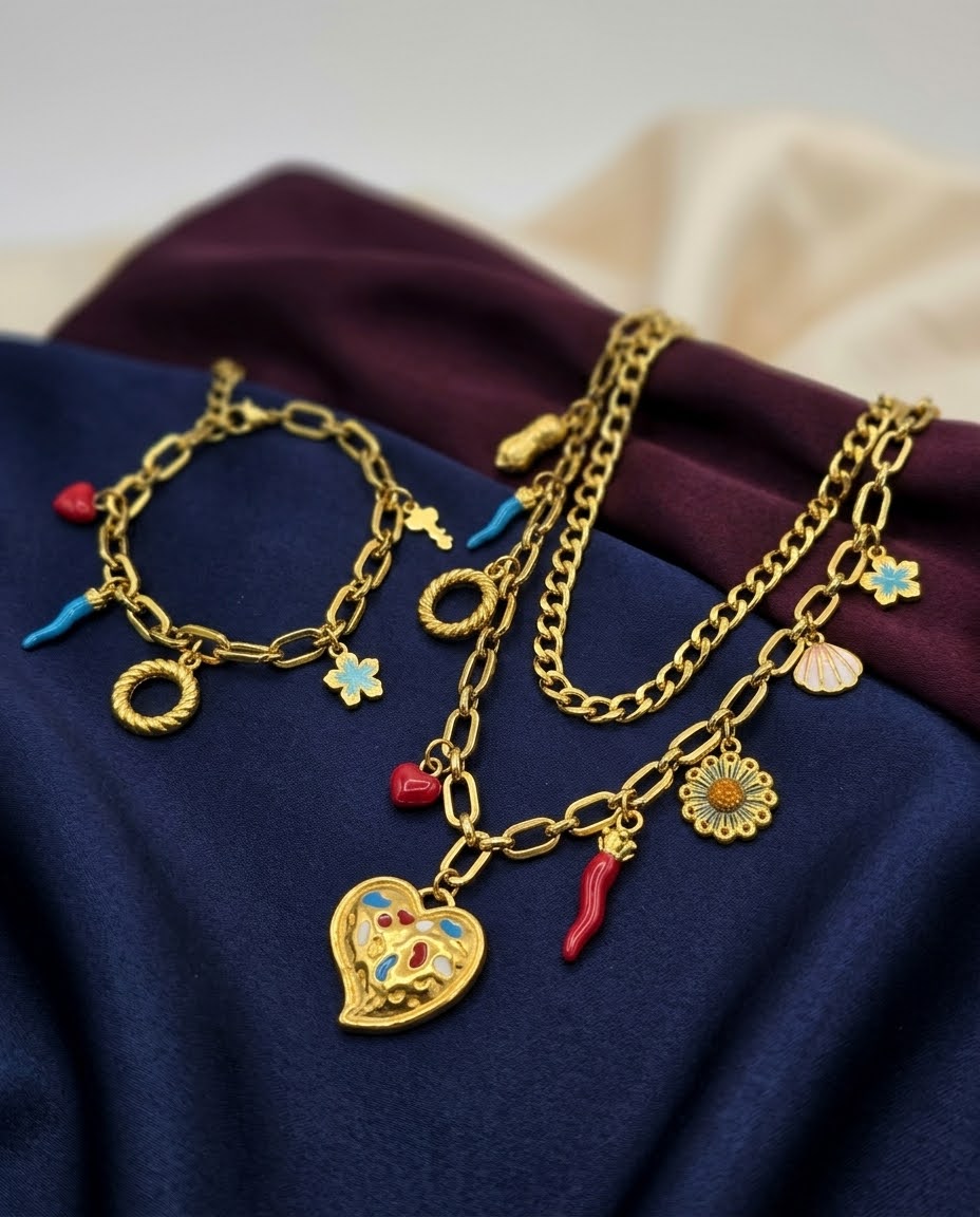 The Mediterranean Mosaic Heart Set – Stainless Steel Layered Necklaces & Charm Bracelet