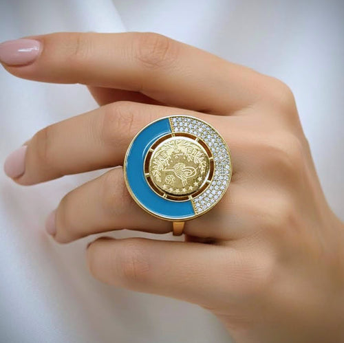 Blue Enamel Medallion Gold Plated Ring with Engraved Motif