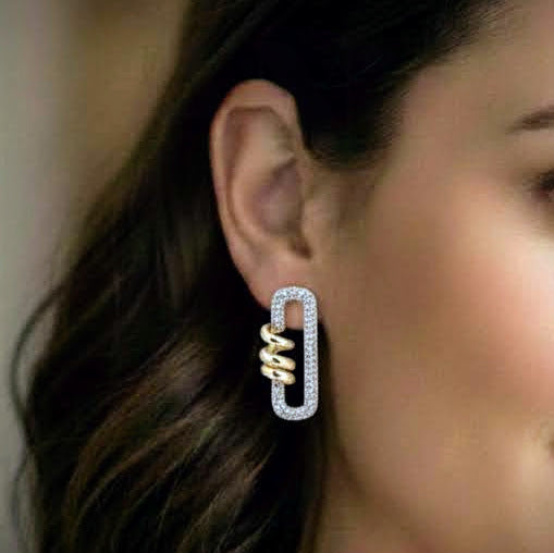 Pave Link Coil Stud Stainless Steel Earrings