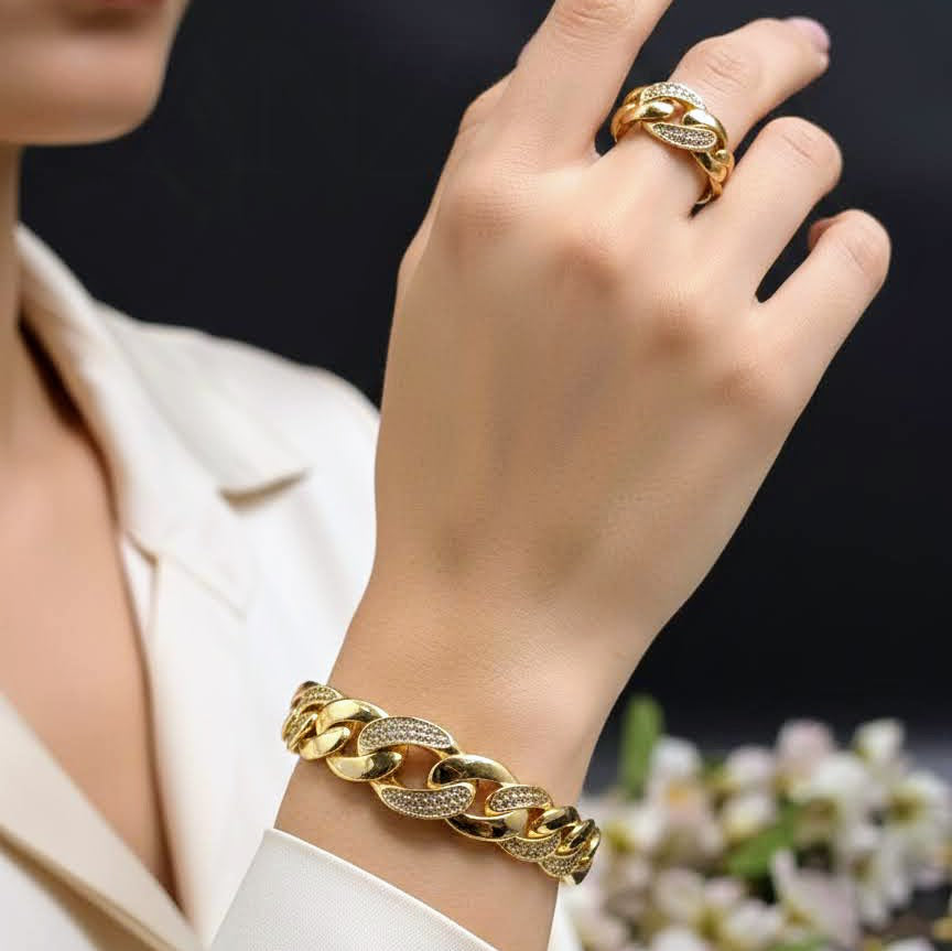 Chain-Link Gold Plated with Pave Accents Bangle Bracelet and Ring Set