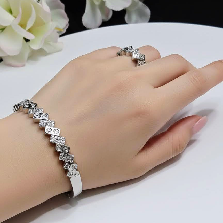 Zigzag Geometric Stainless Steel with Pave Accents Silver Bangle Bracelet and Ring Set