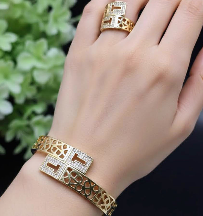 T-Geometric Gold Plated with Pave Accents Bangle Bracelet and Ring Set