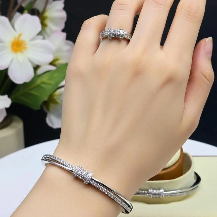 Geometric Barrel Stainless Steel with Pave Accents Bangle Bracelet and Ring Set