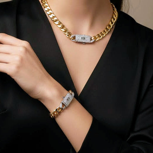 Gold Cuban Link environmental brass Bracelet with Pave Box Clasp