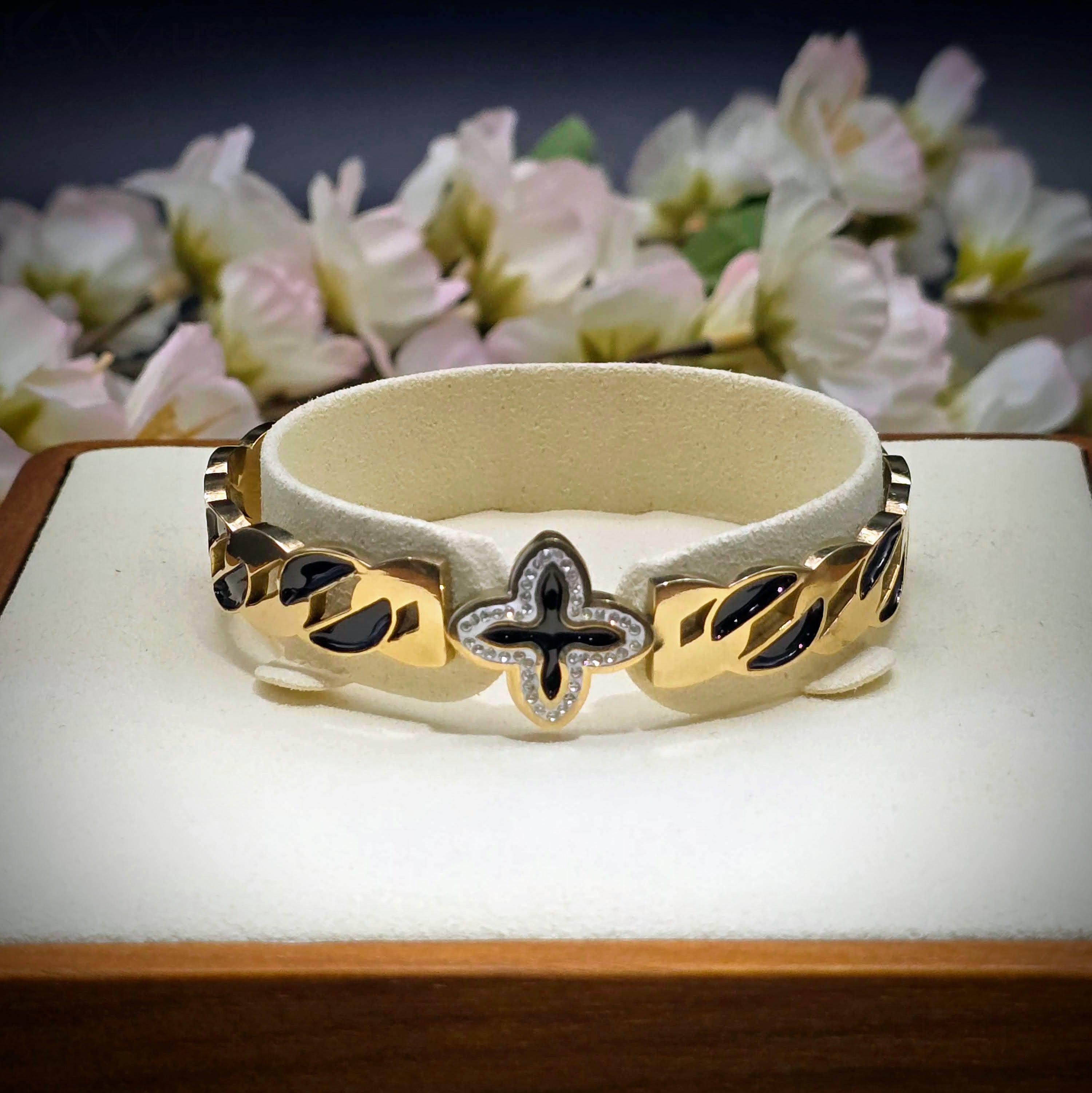 Enamel Monogram Flower Stainless Steel Hinged Bangle