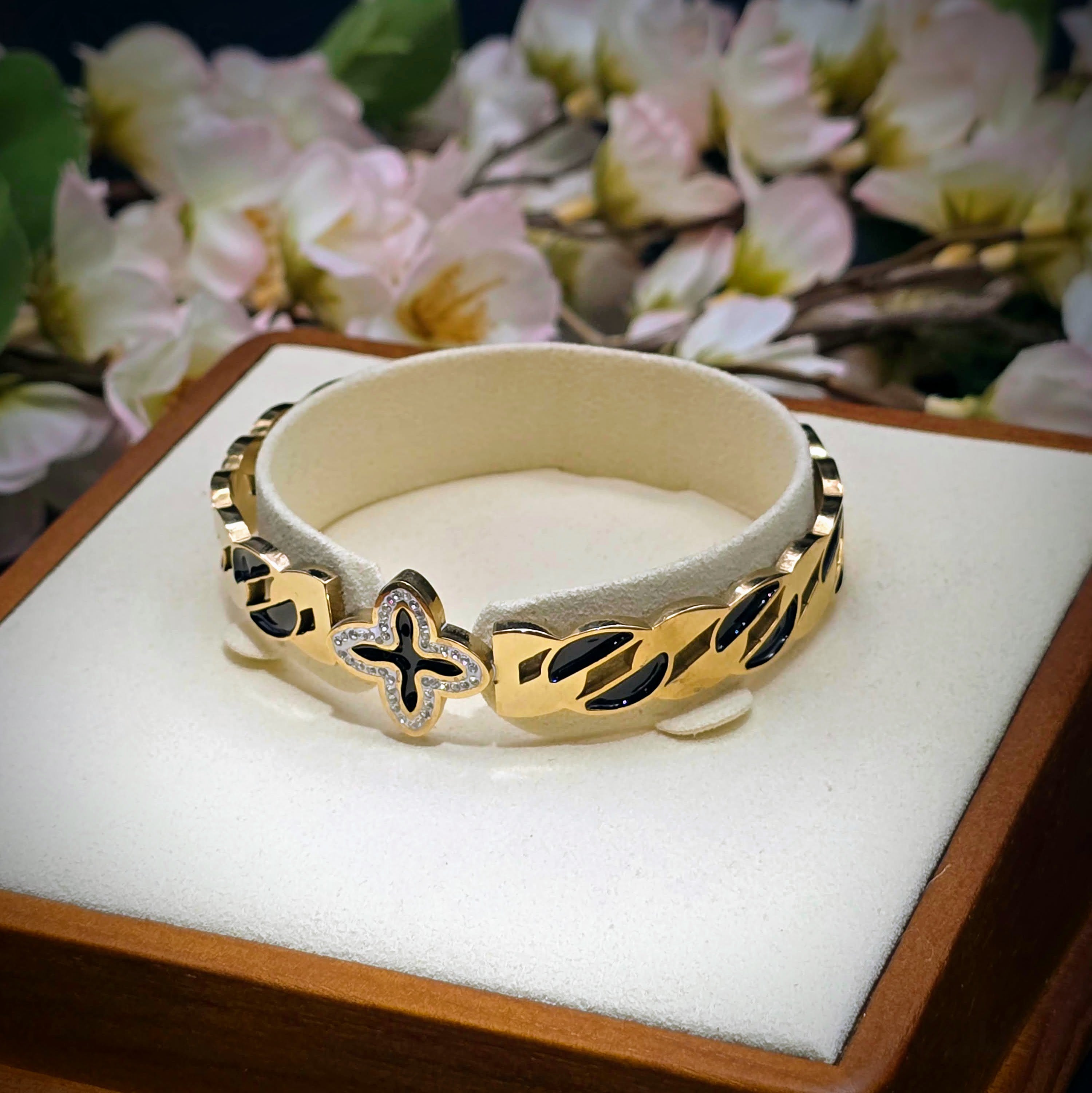 Enamel Monogram Flower Stainless Steel Hinged Bangle