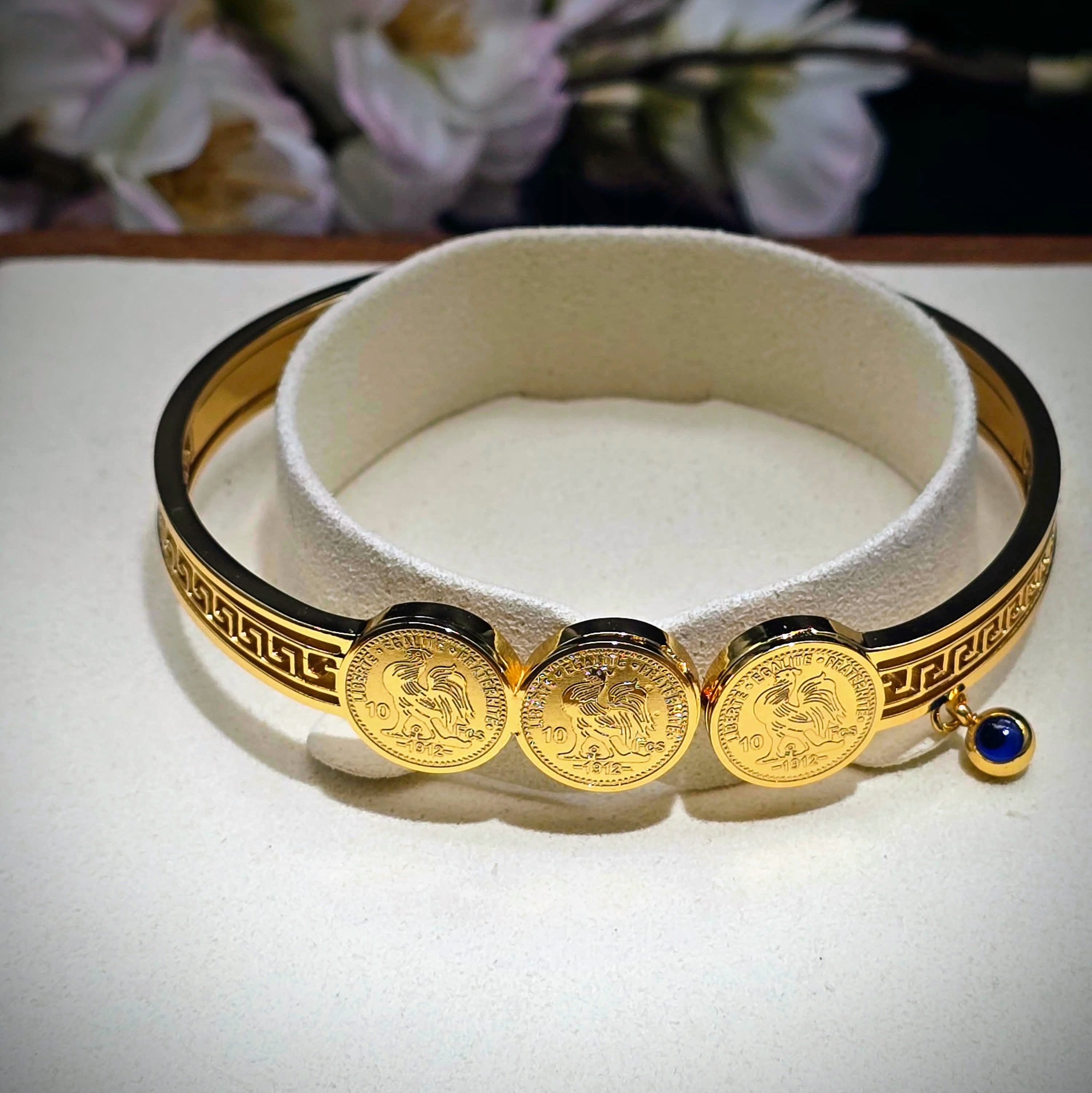 Coin Medallion Hinged Bangle with Blue Accent - Stainless