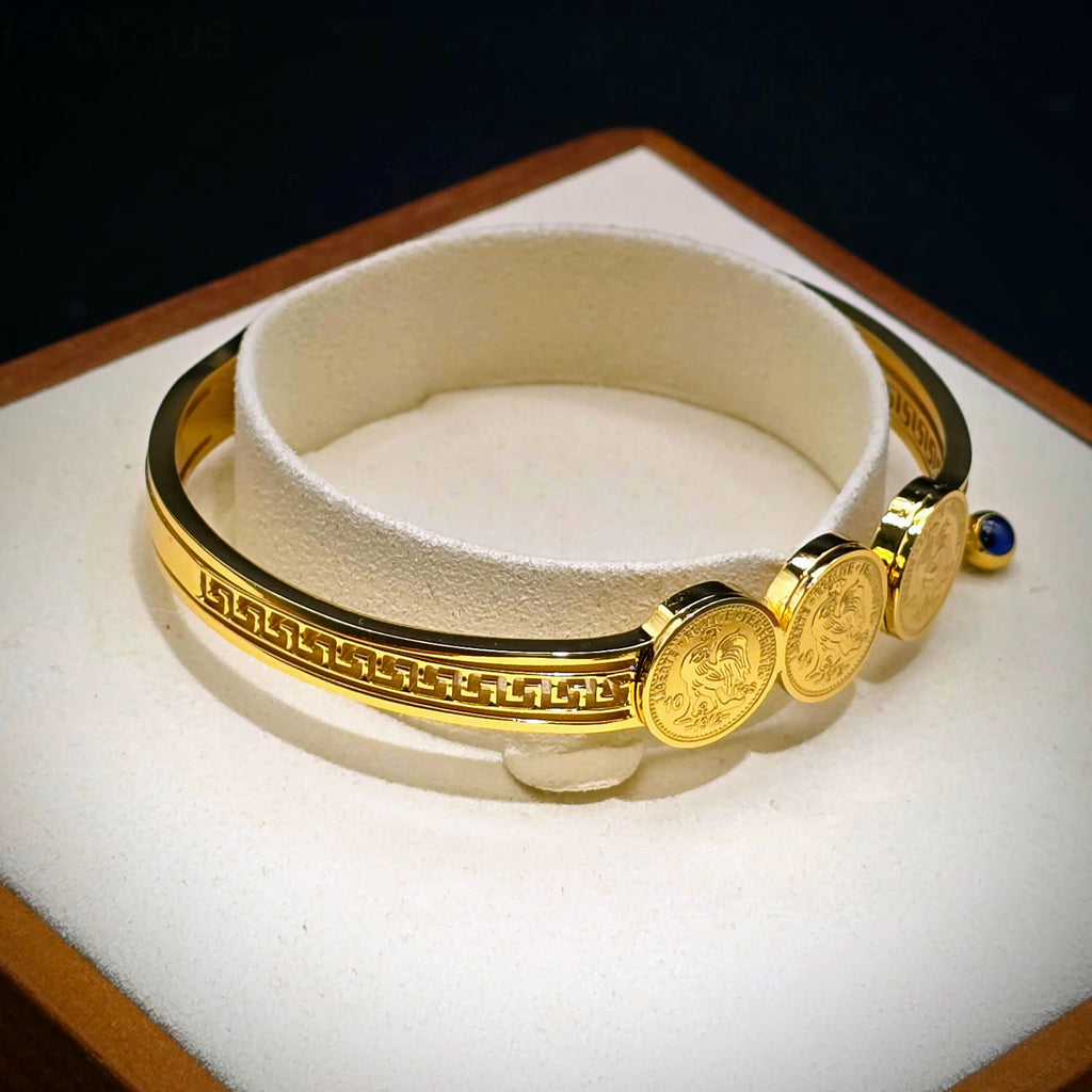 Coin Medallion Hinged Bangle with Blue Accent - Stainless