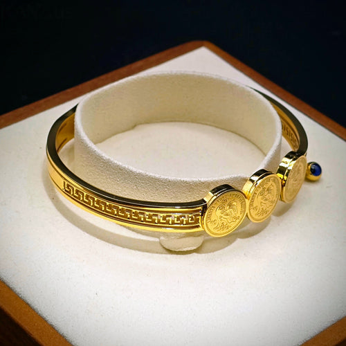 Coin Medallion Hinged Bangle with Blue Accent - Stainless