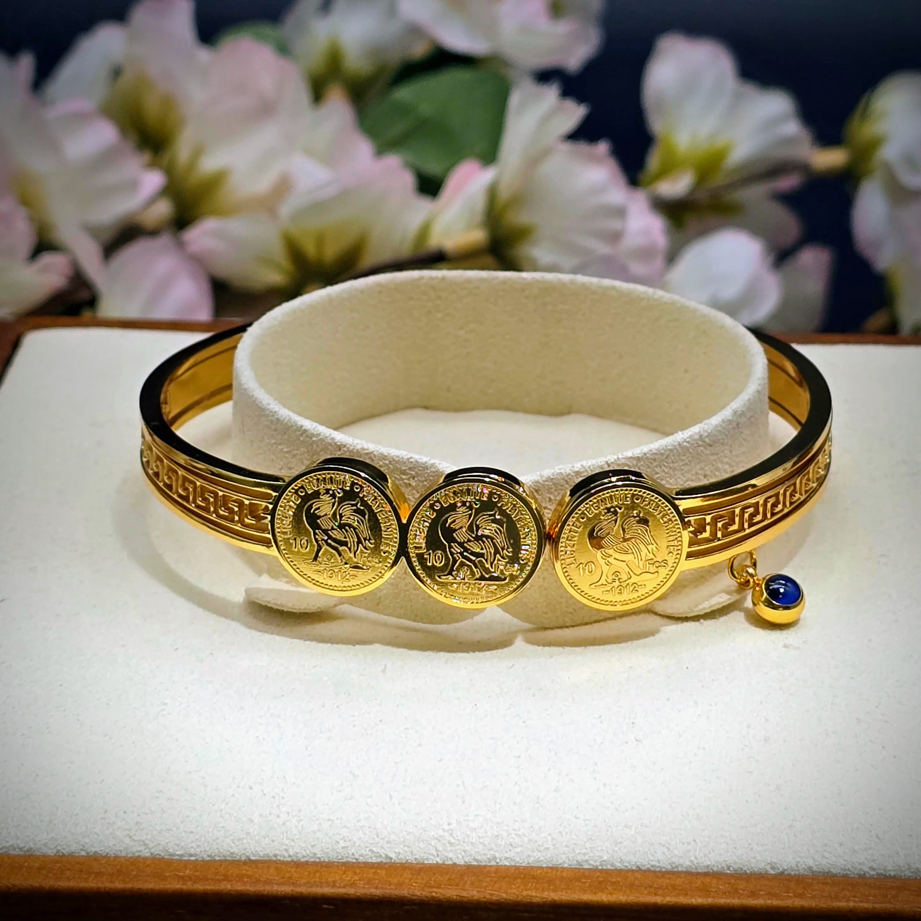 Coin Medallion Hinged Bangle with Blue Accent - Stainless