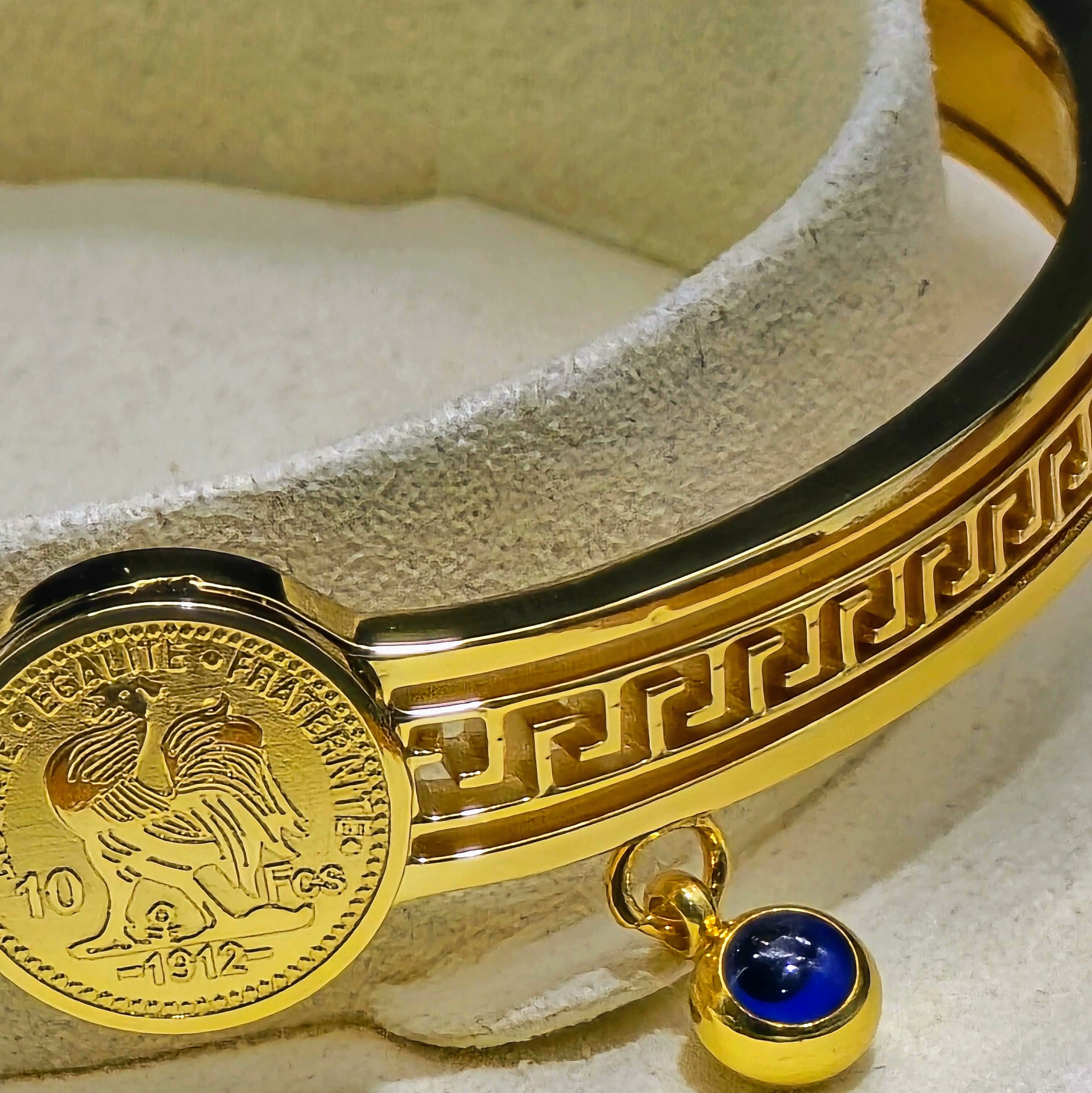 Coin Medallion Hinged Bangle with Blue Accent - Stainless