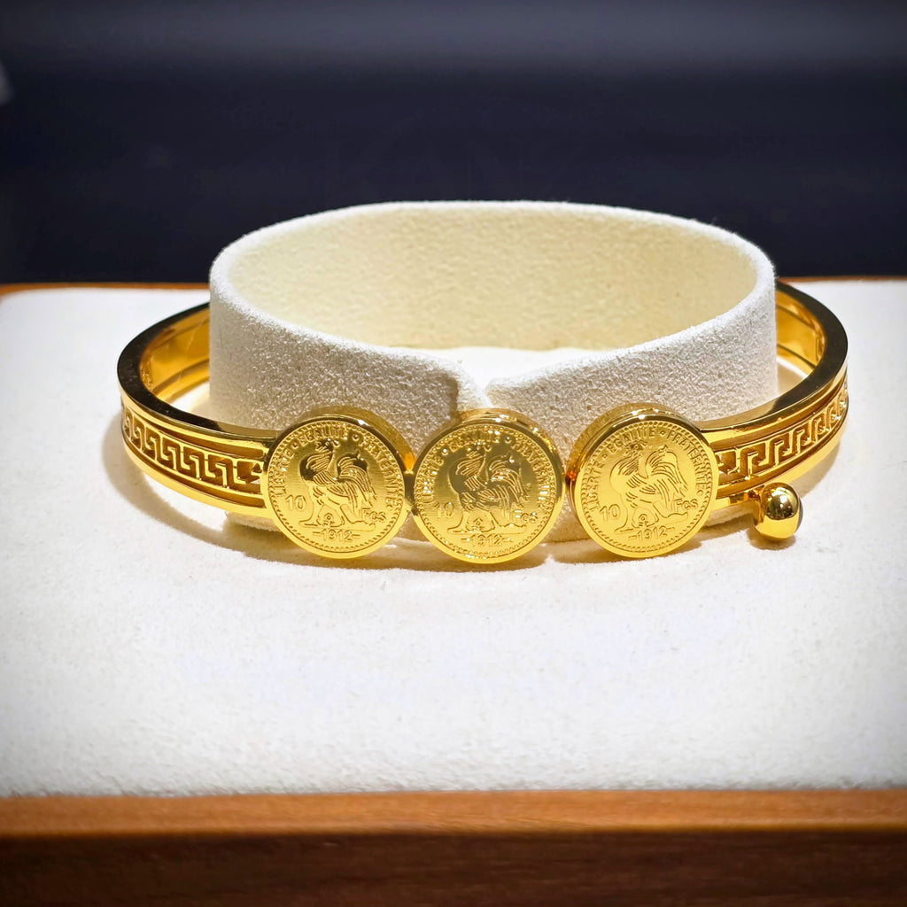 Coin Medallion Hinged Bangle with Blue Accent - Stainless