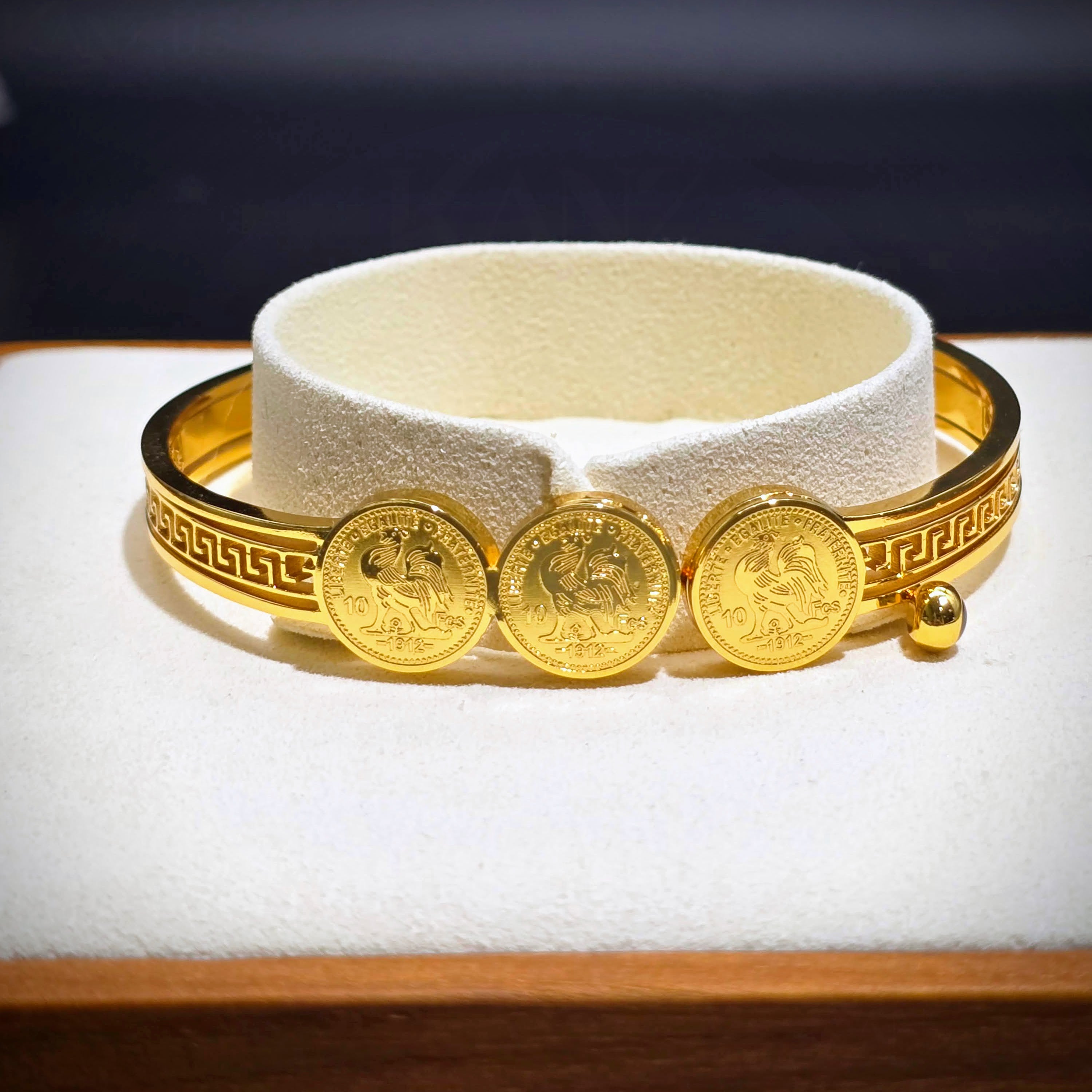 Coin Medallion Hinged Bangle with Blue Accent - Stainless