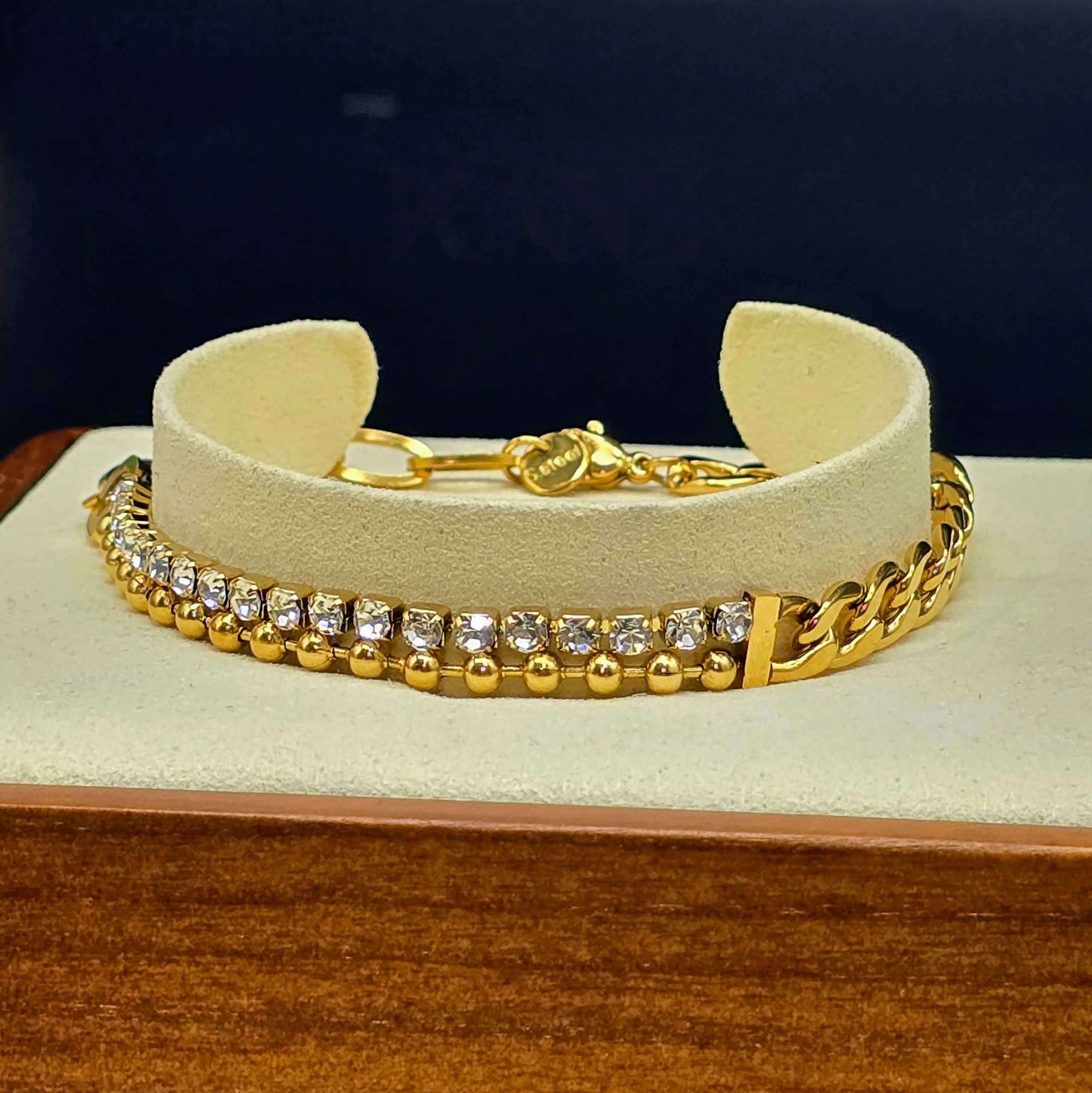 Mixed Stainless Steel Chain Bracelet with Cubic Zirconia Accents