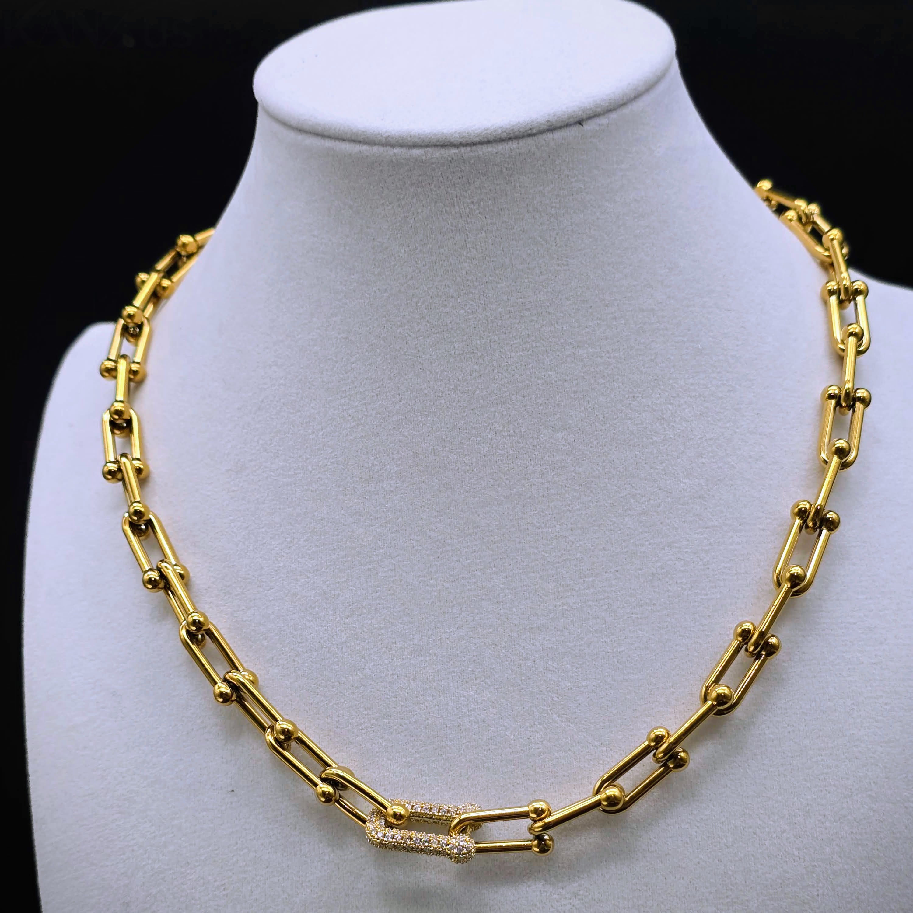 Geometric Link Stainless Steel Necklace with Pave Accent