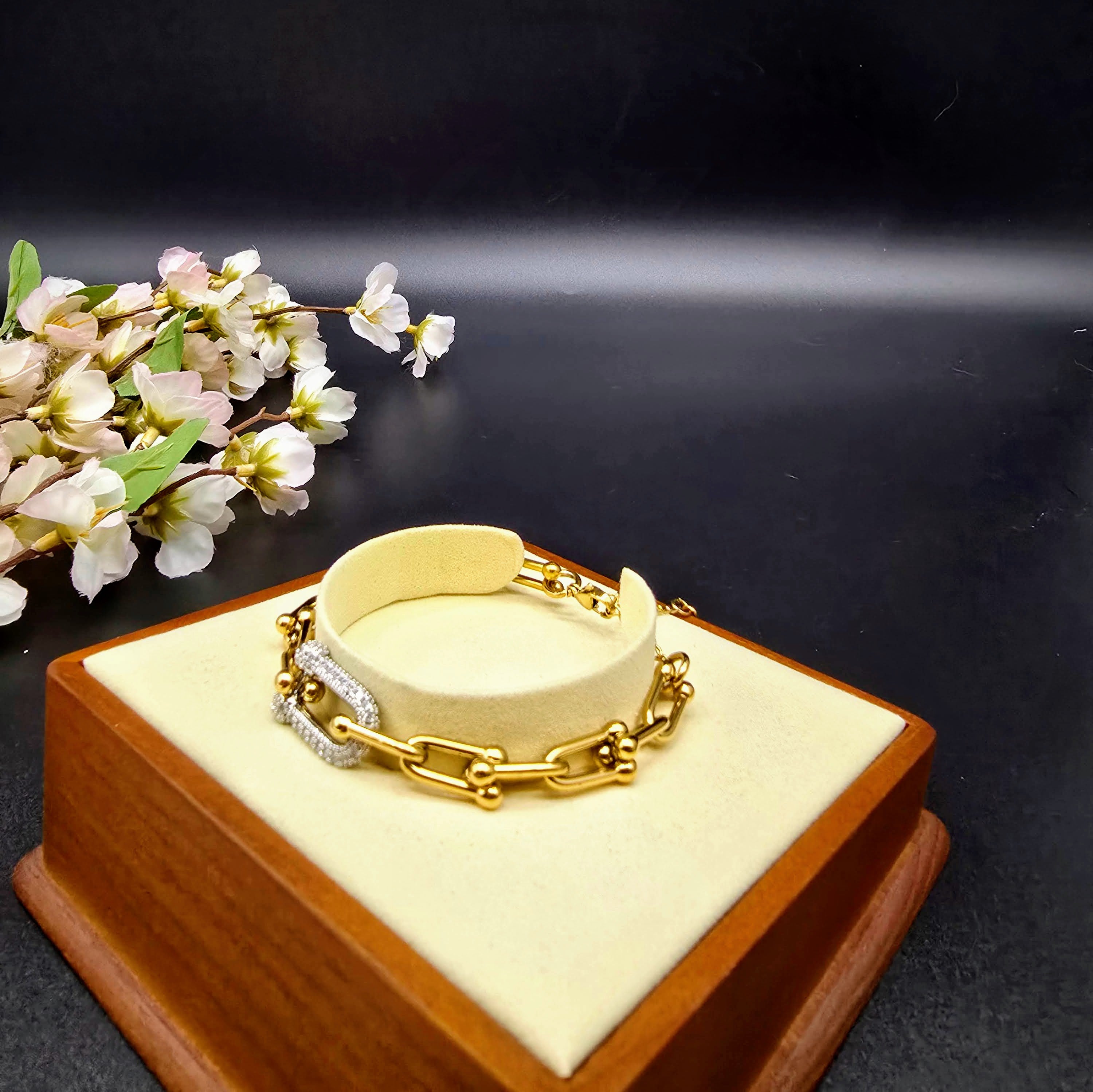 Geometric Link Stainless Steel Bracelet with Pave Accent