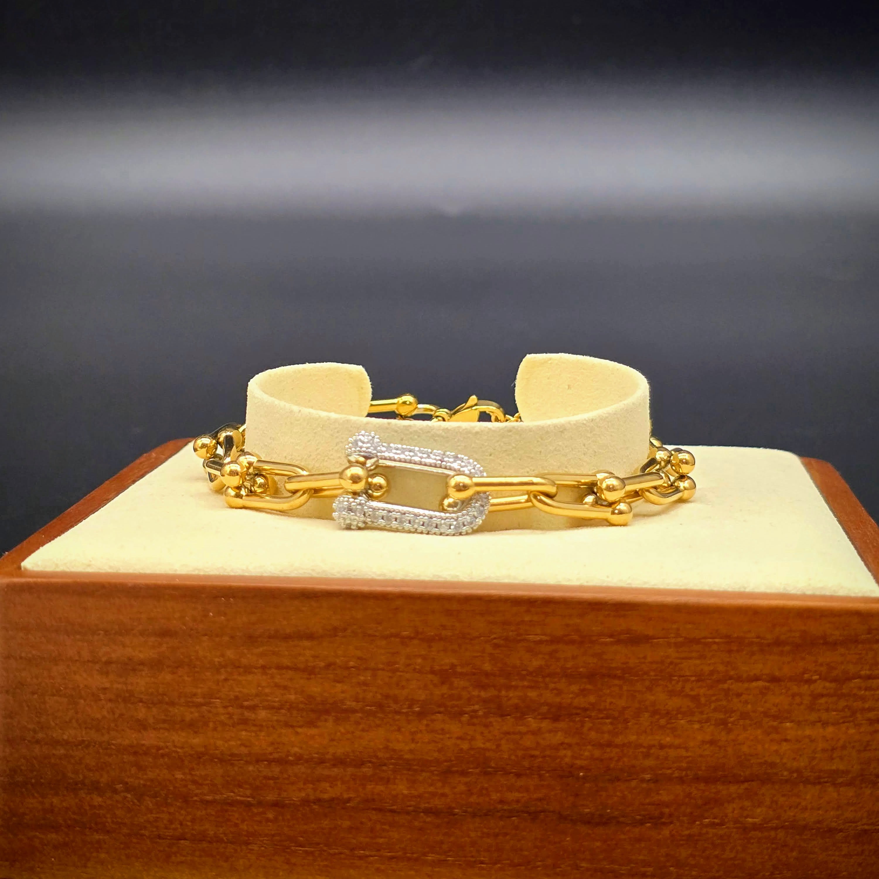 Geometric Link Stainless Steel Bracelet with Pave Accent