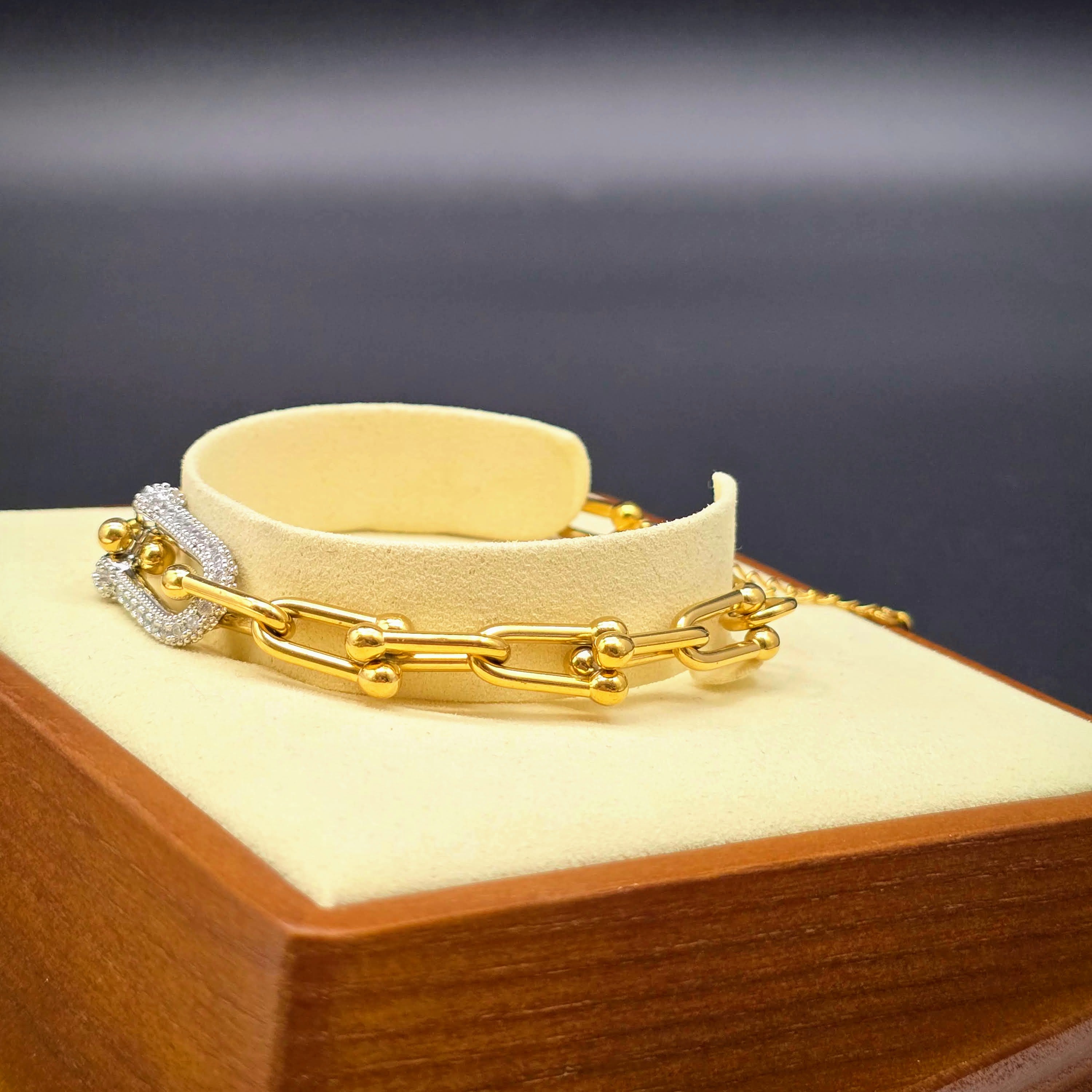 Geometric Link Stainless Steel Bracelet with Pave Accent