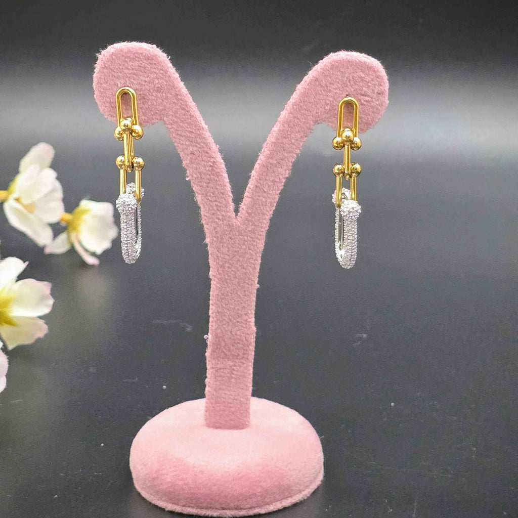 Geometric Link Stainless Steel Earrings with Pave Accent