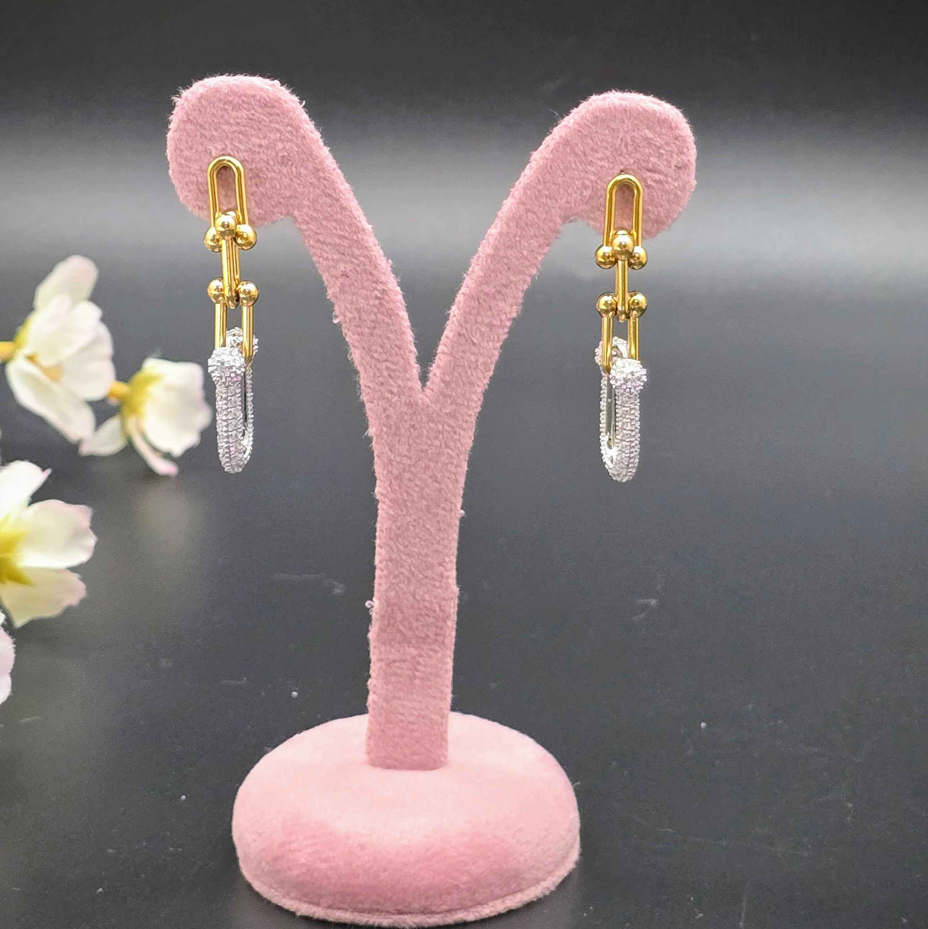Geometric Link Stainless Steel Earrings with Pave Accent