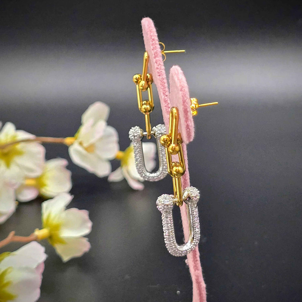 Geometric Link Stainless Steel Earrings with Pave Accent