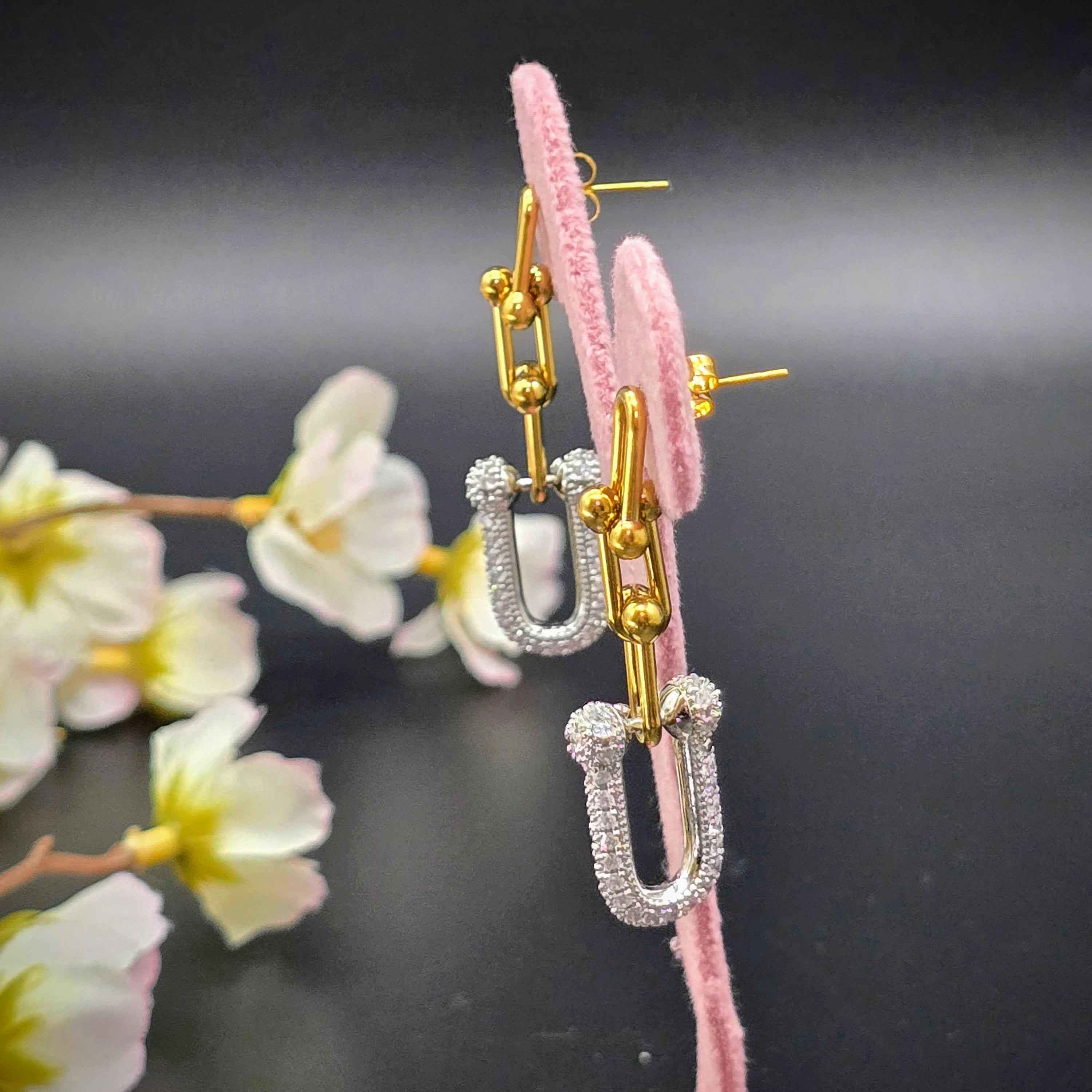 Geometric Link Stainless Steel Earrings with Pave Accent