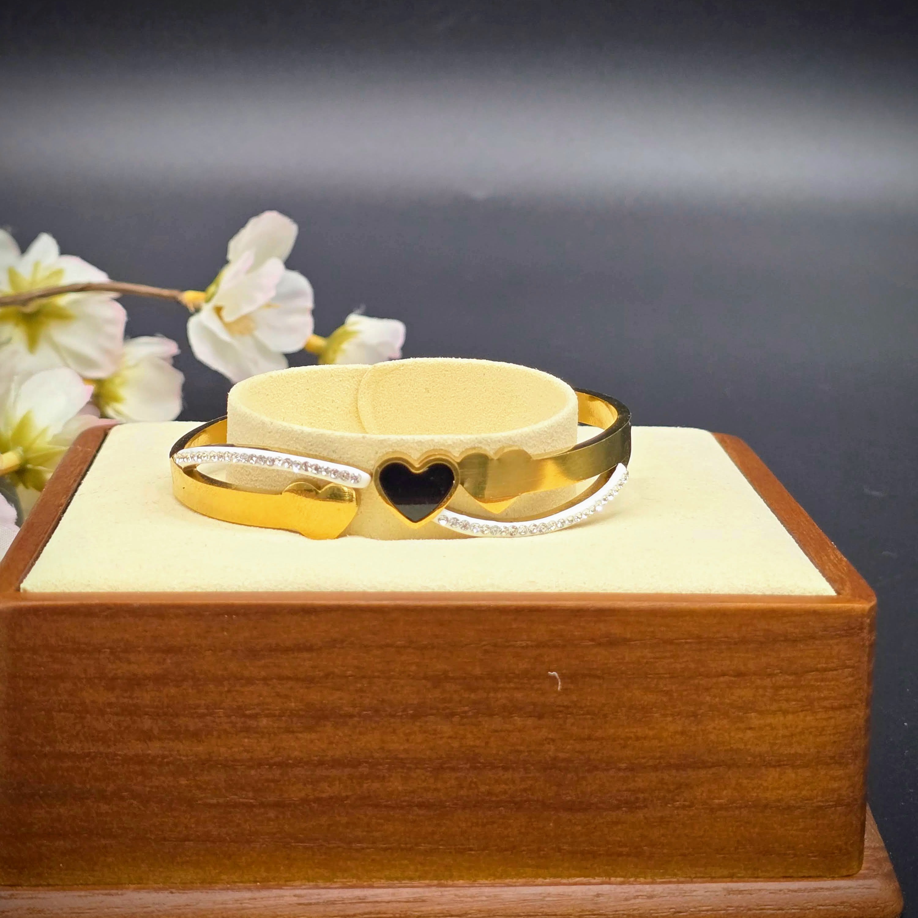 Heart Motif Hinged Stainless Steel Bangle with Pave Accent