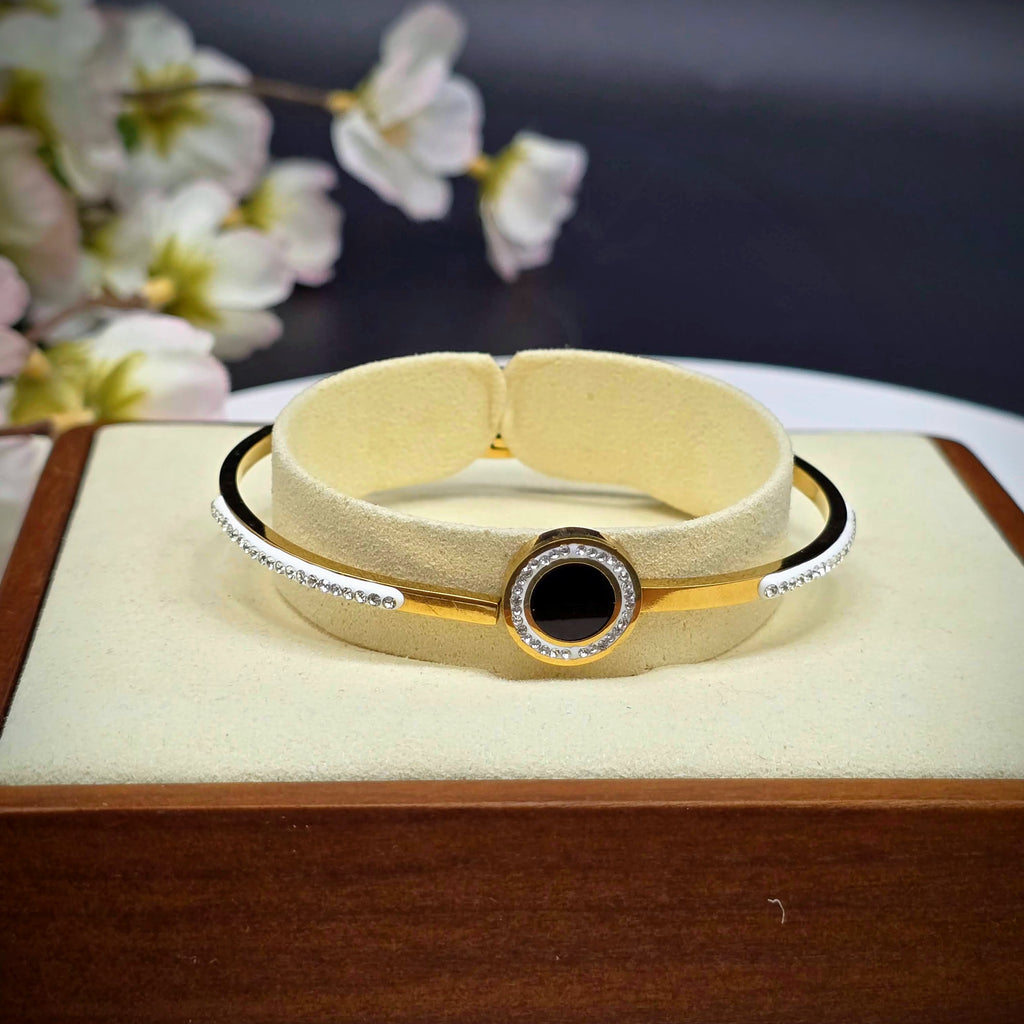 Round Black Center Stainless Steel Bangle with CZ Halo