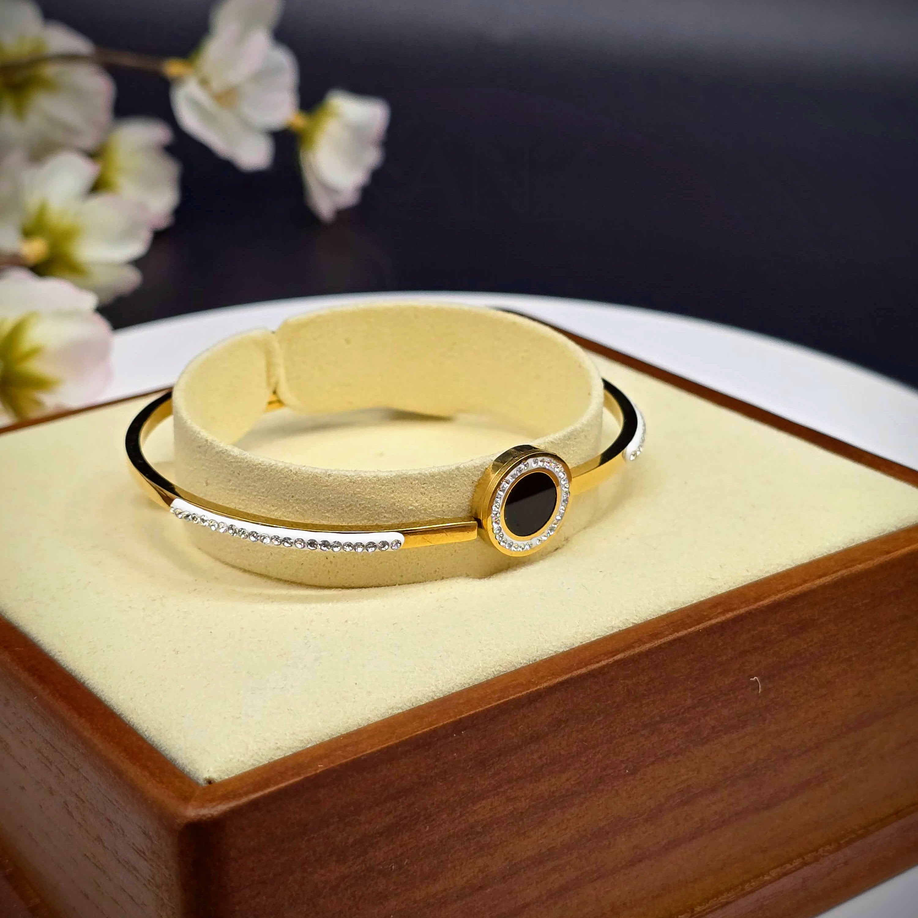 Round Black Center Stainless Steel Bangle with CZ Halo