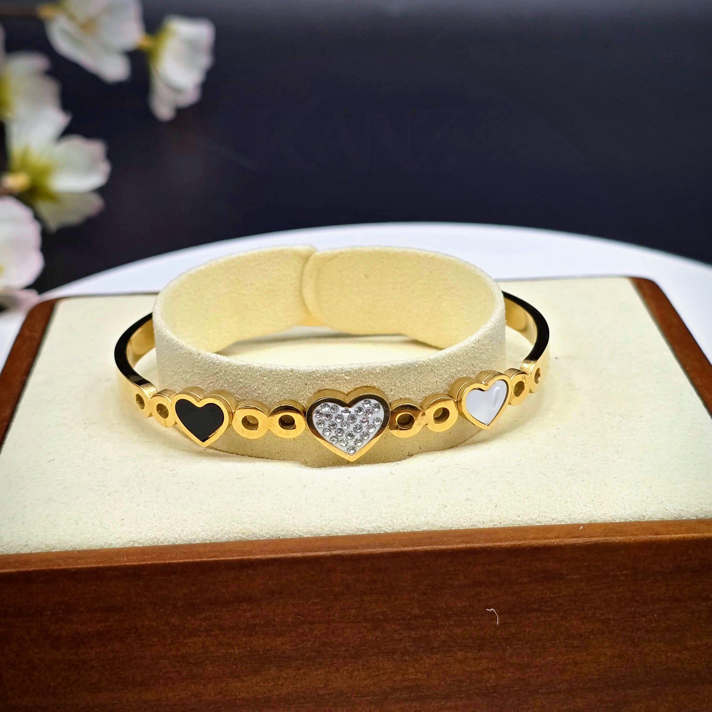 Three Hearts Bangle Stainless Steel Bracelet with CZ Accent