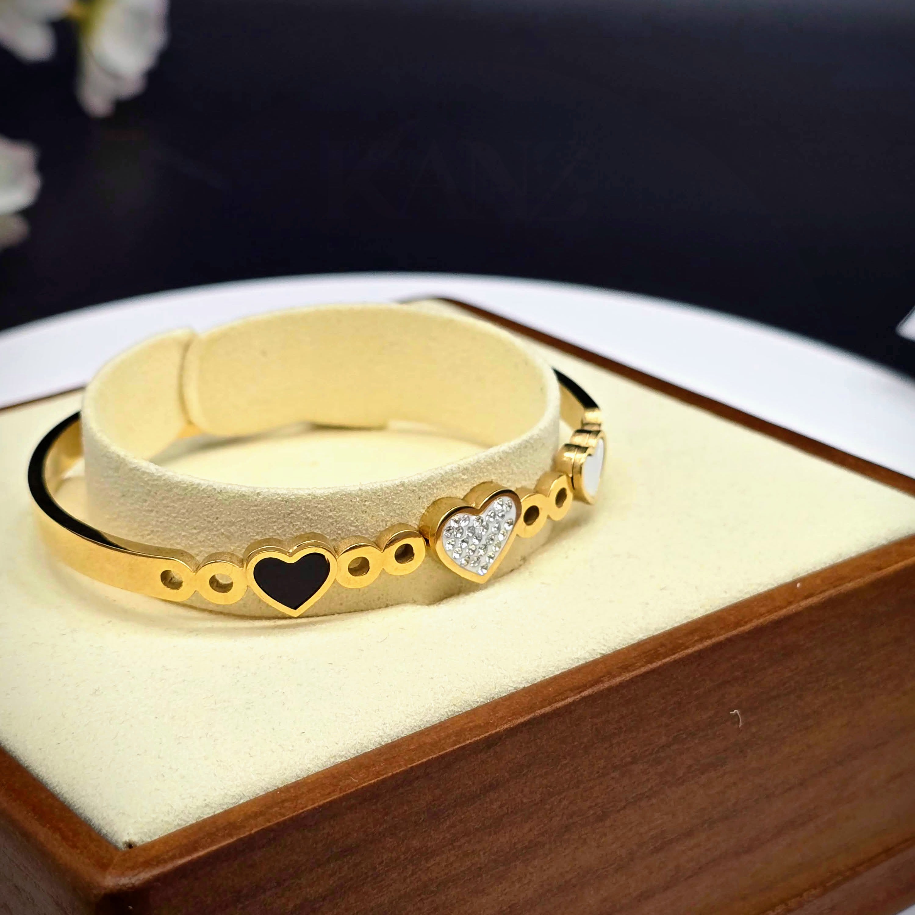 Three Hearts Bangle Stainless Steel Bracelet with CZ Accent