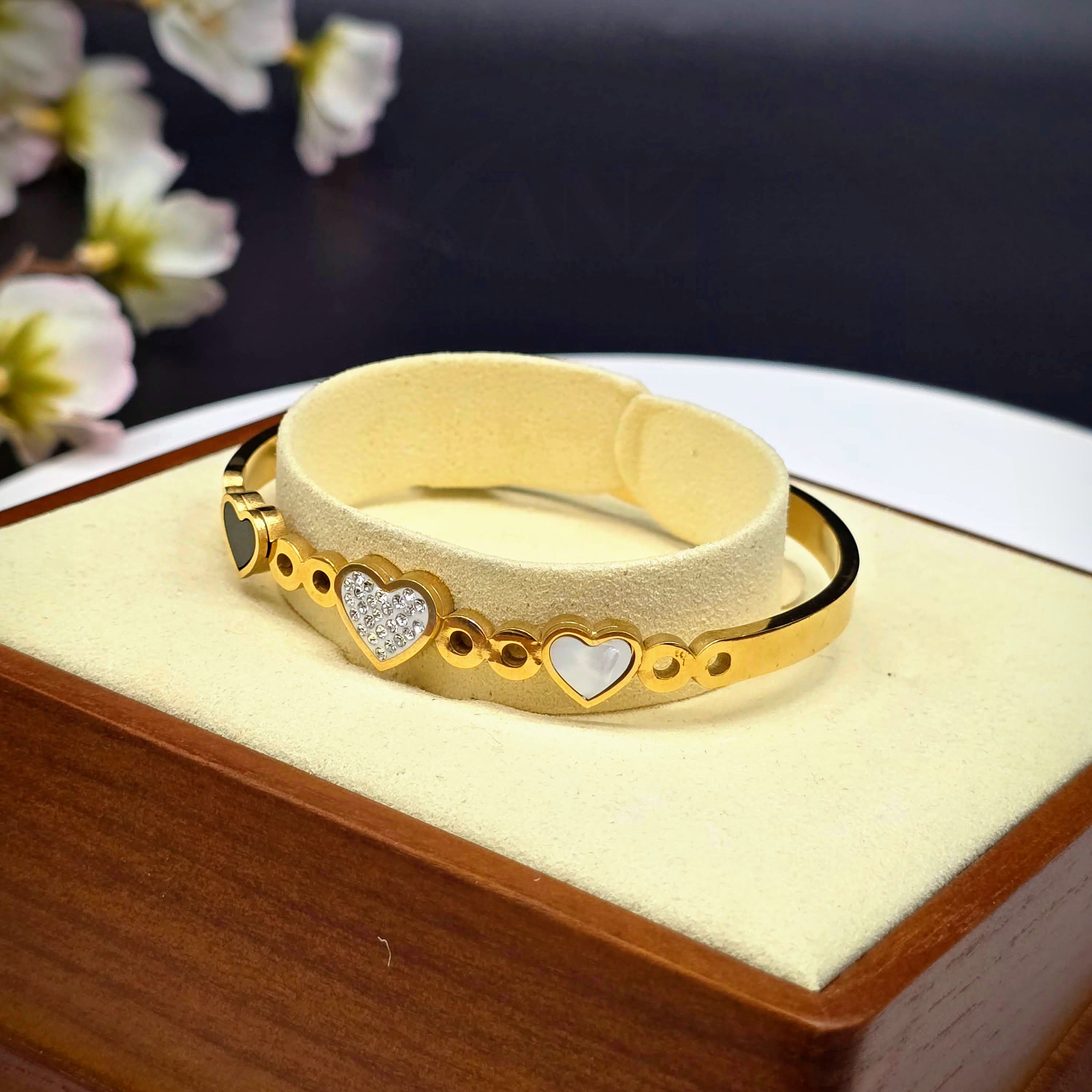 Three Hearts Bangle Stainless Steel Bracelet with CZ Accent