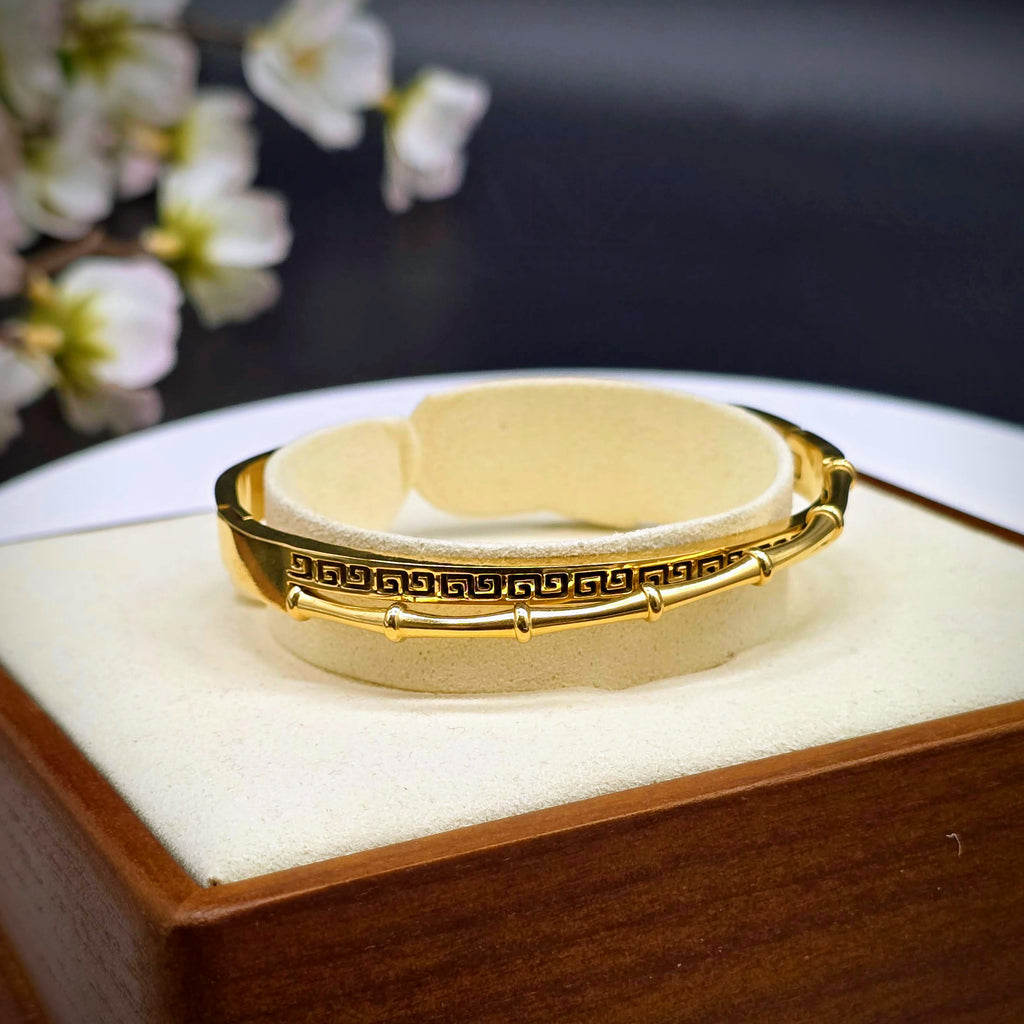 Geometric Pattern and Curved Bar Bangle - Stainless Steel