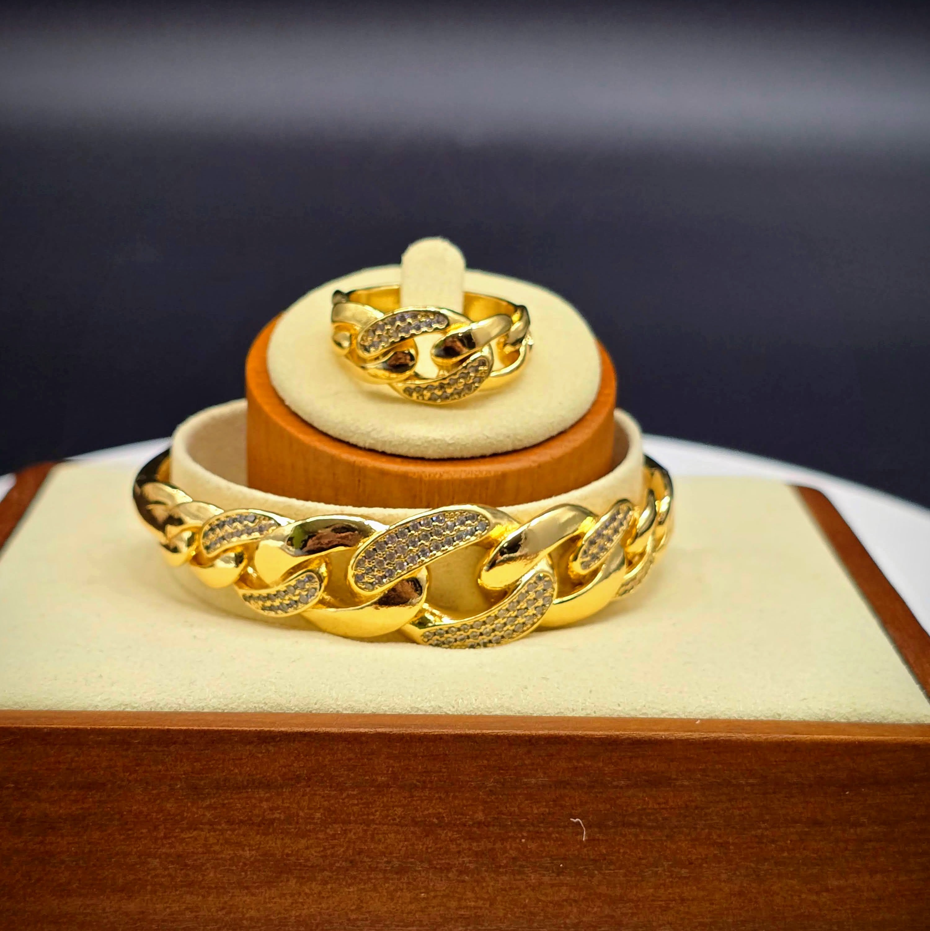 Chain-Link Gold Plated with Pave Accents Bangle Bracelet and Ring Set