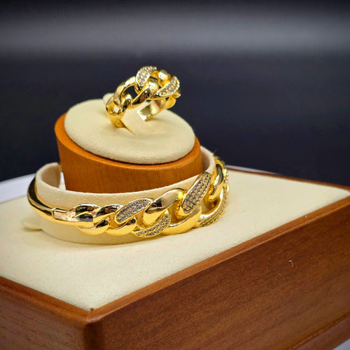 Chain-Link Gold Plated with Pave Accents Bangle Bracelet and Ring Set