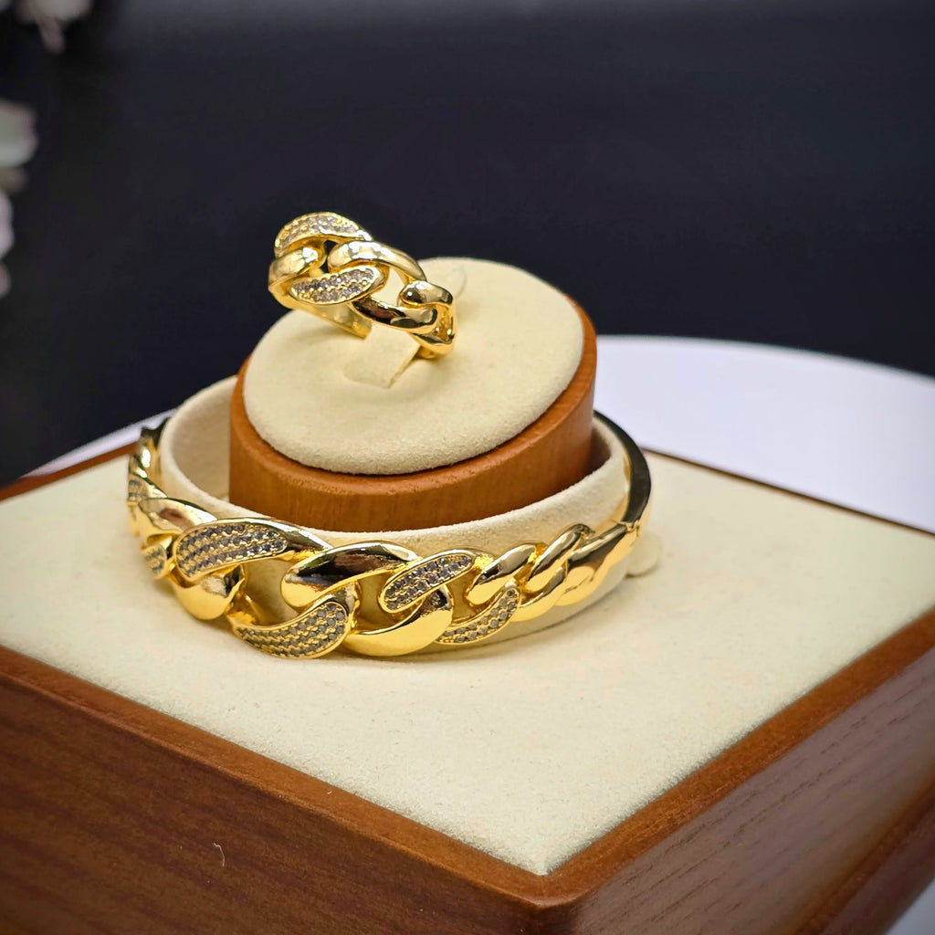 Chain-Link Gold Plated with Pave Accents Bangle Bracelet and Ring Set