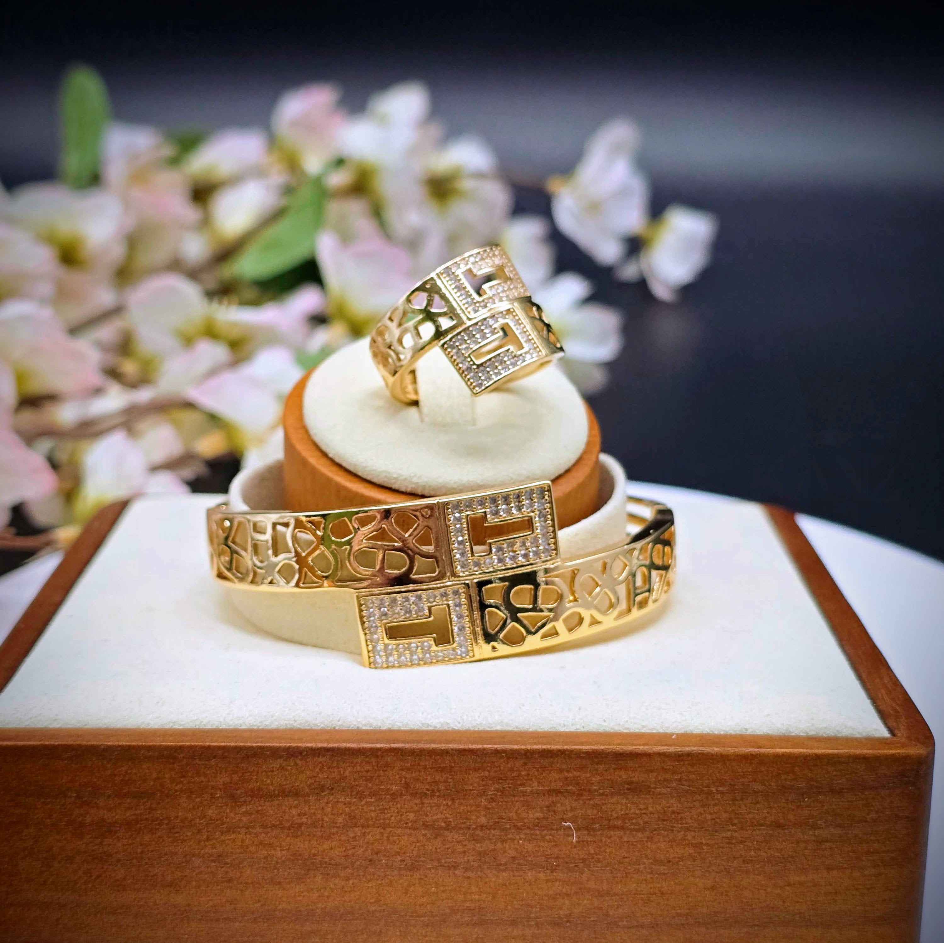 T-Geometric Gold Plated with Pave Accents Bangle Bracelet and Ring Set