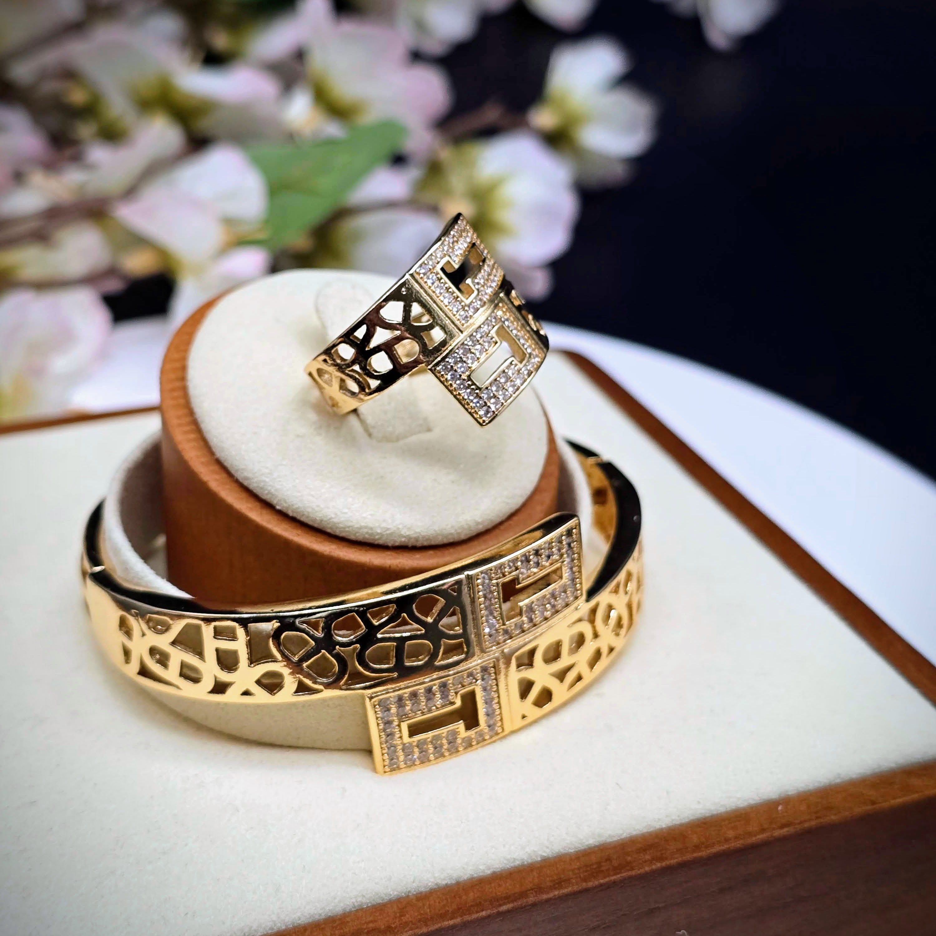 T-Geometric Gold Plated with Pave Accents Bangle Bracelet and Ring Set