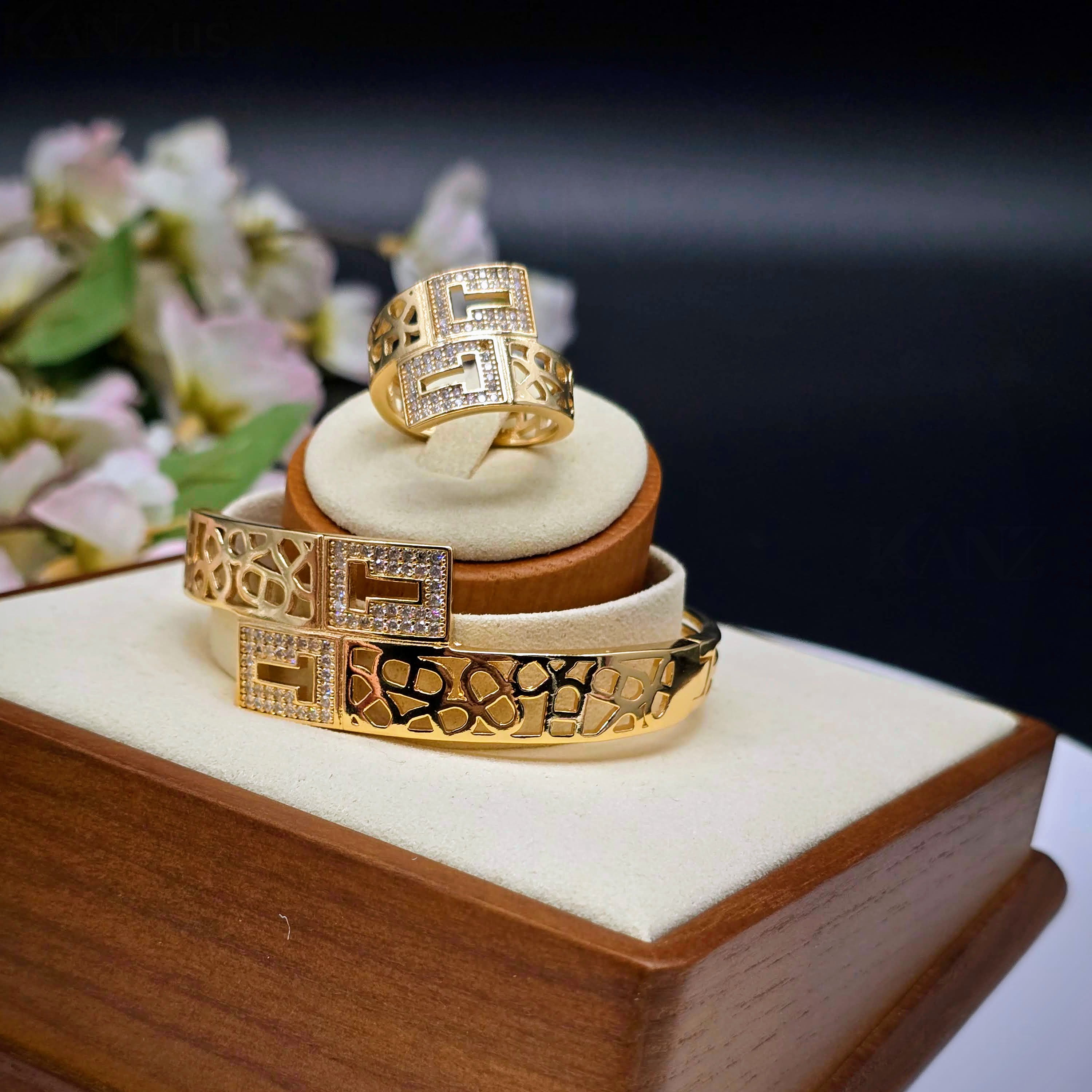 T-Geometric Gold Plated with Pave Accents Bangle Bracelet and Ring Set