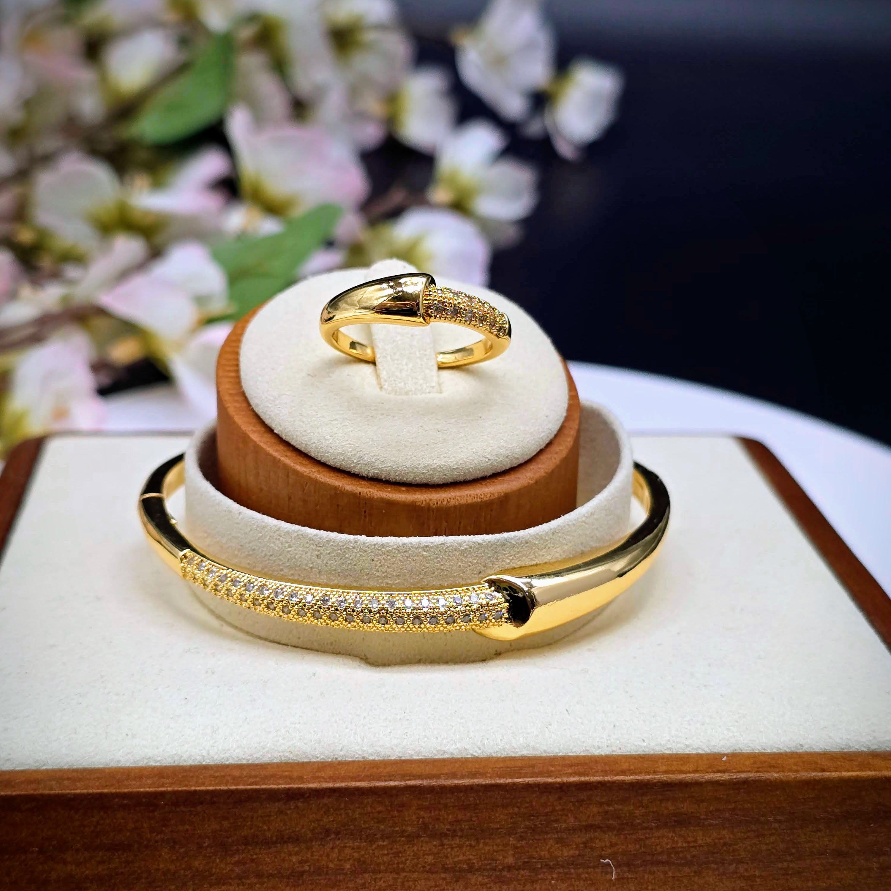 Signature Pave & Polished Bypass Stainless Steel Bangle & Ring Set