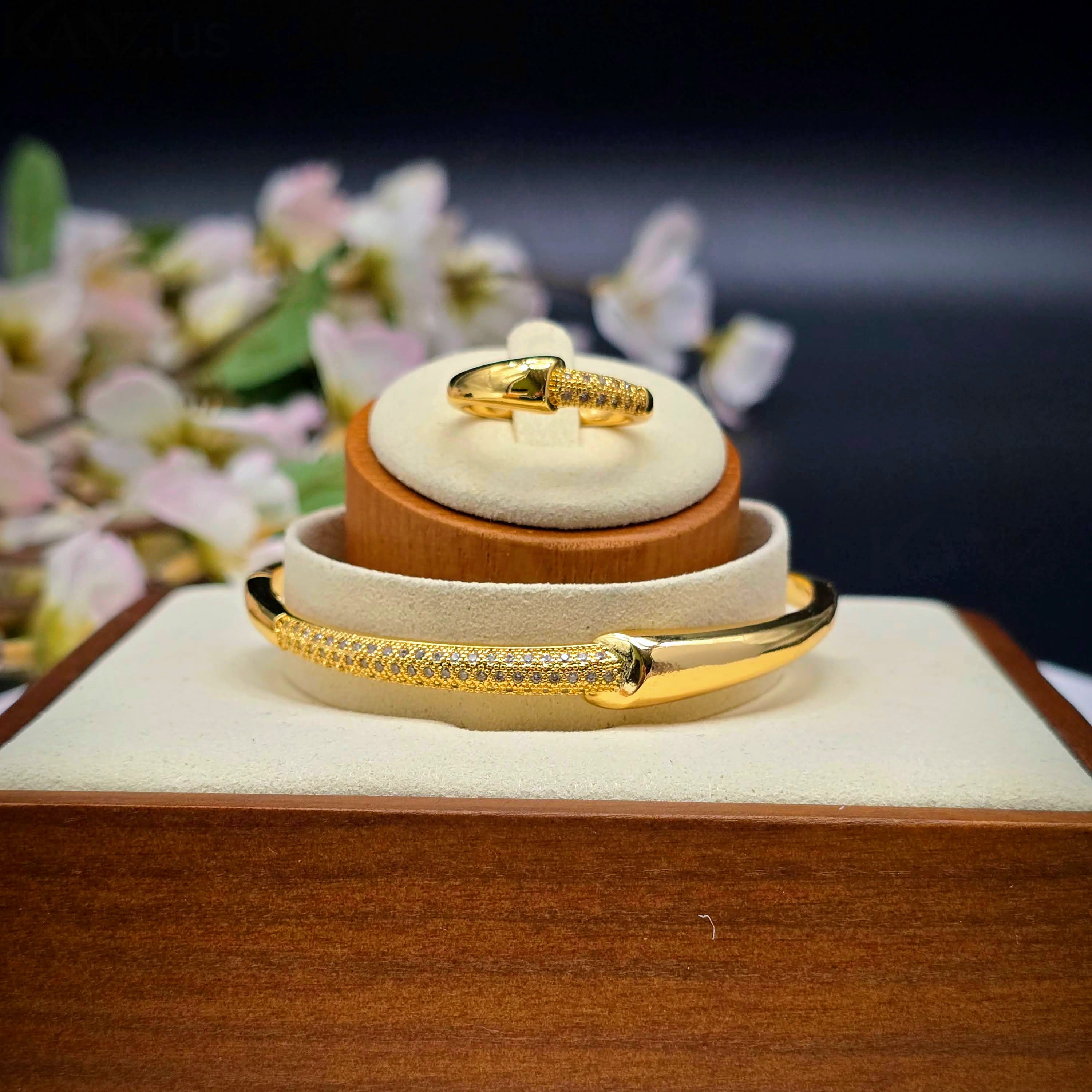 Signature Pave & Polished Bypass Stainless Steel Bangle & Ring Set