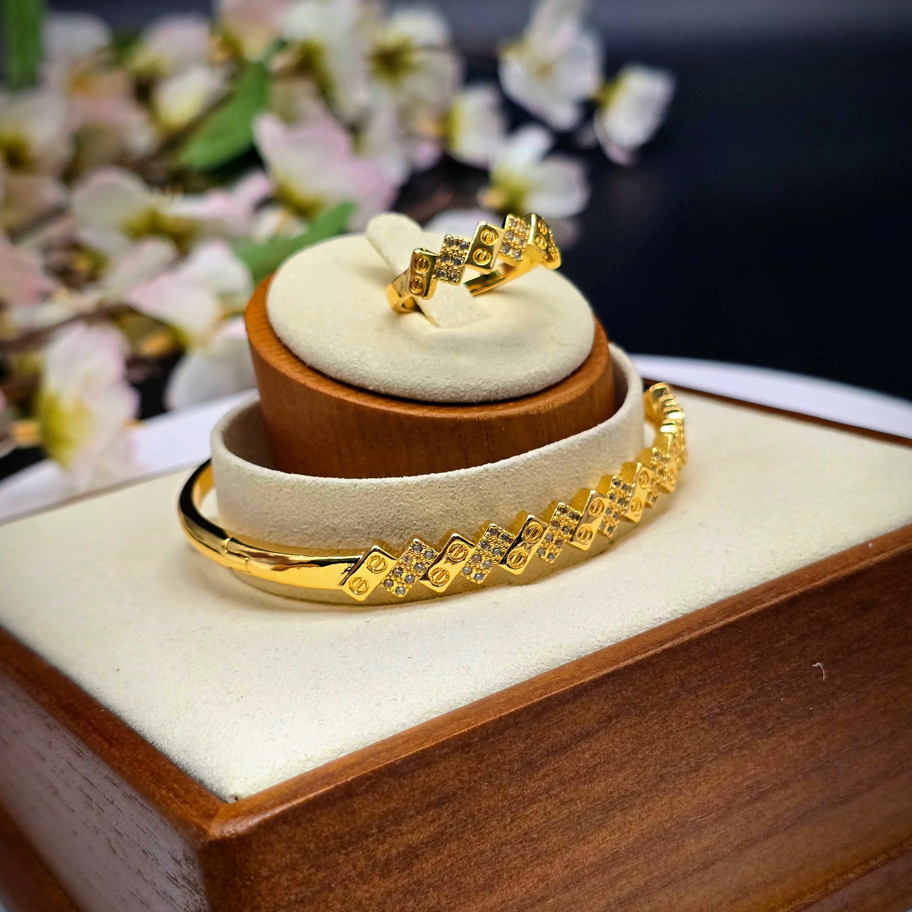 Zigzag Geometric Stainless Steel with Pave Accents Bangle Bracelet and Ring Set