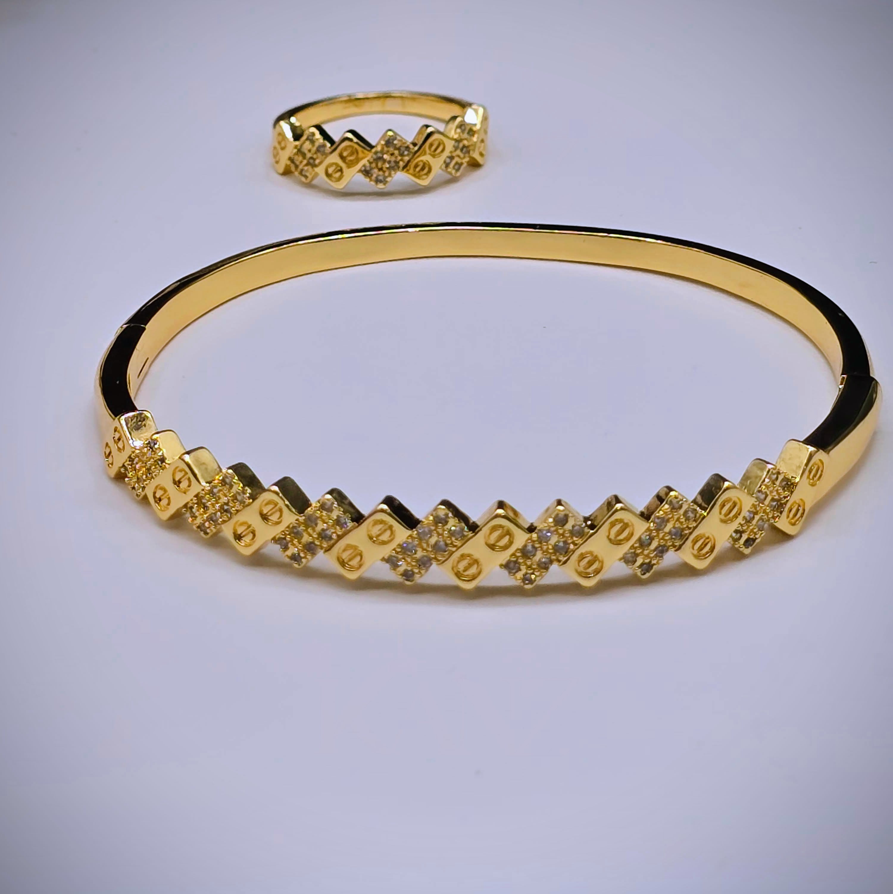 Zigzag Geometric Stainless Steel with Pave Accents Bangle Bracelet and Ring Set