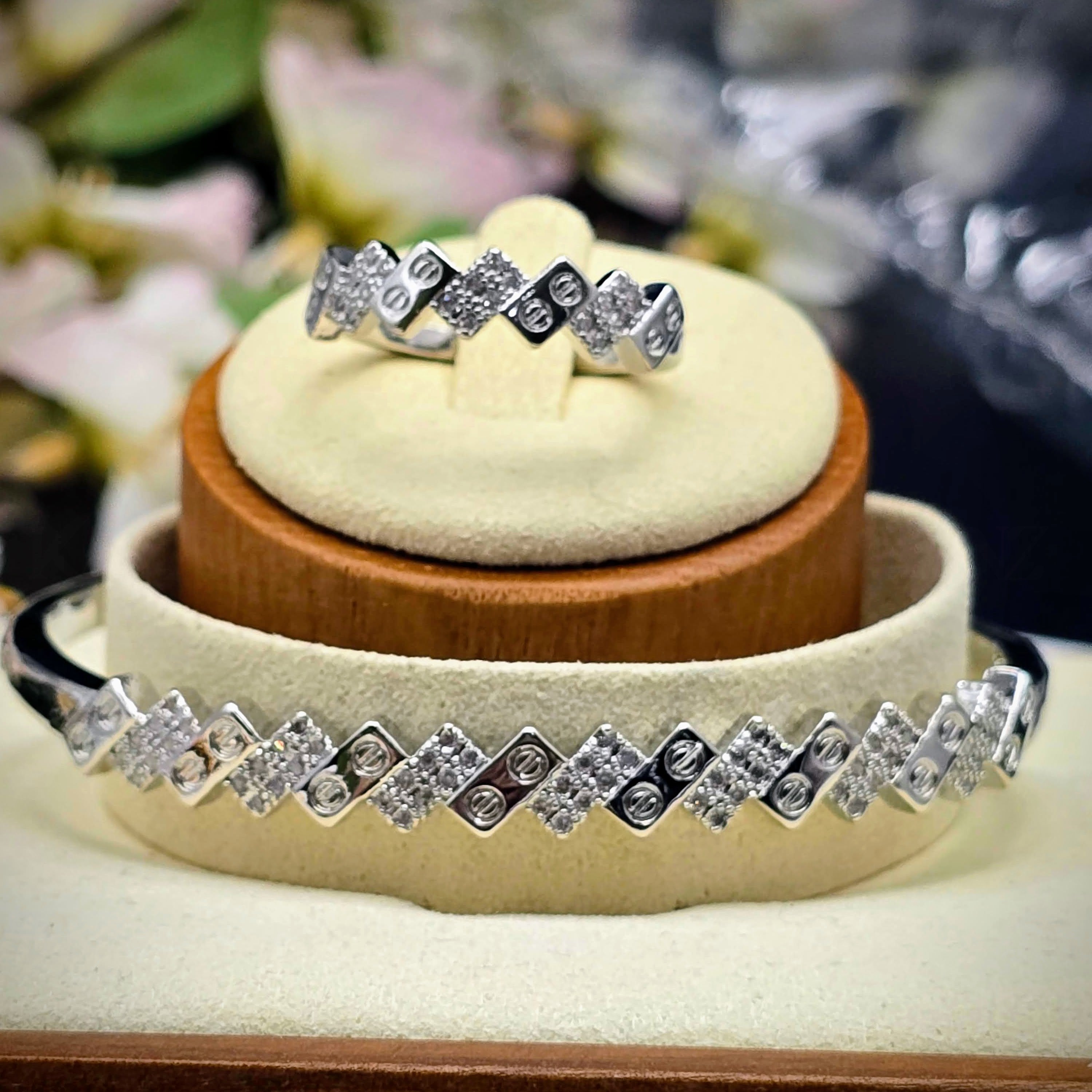 Zigzag Geometric Stainless Steel with Pave Accents Silver Bangle Bracelet and Ring Set