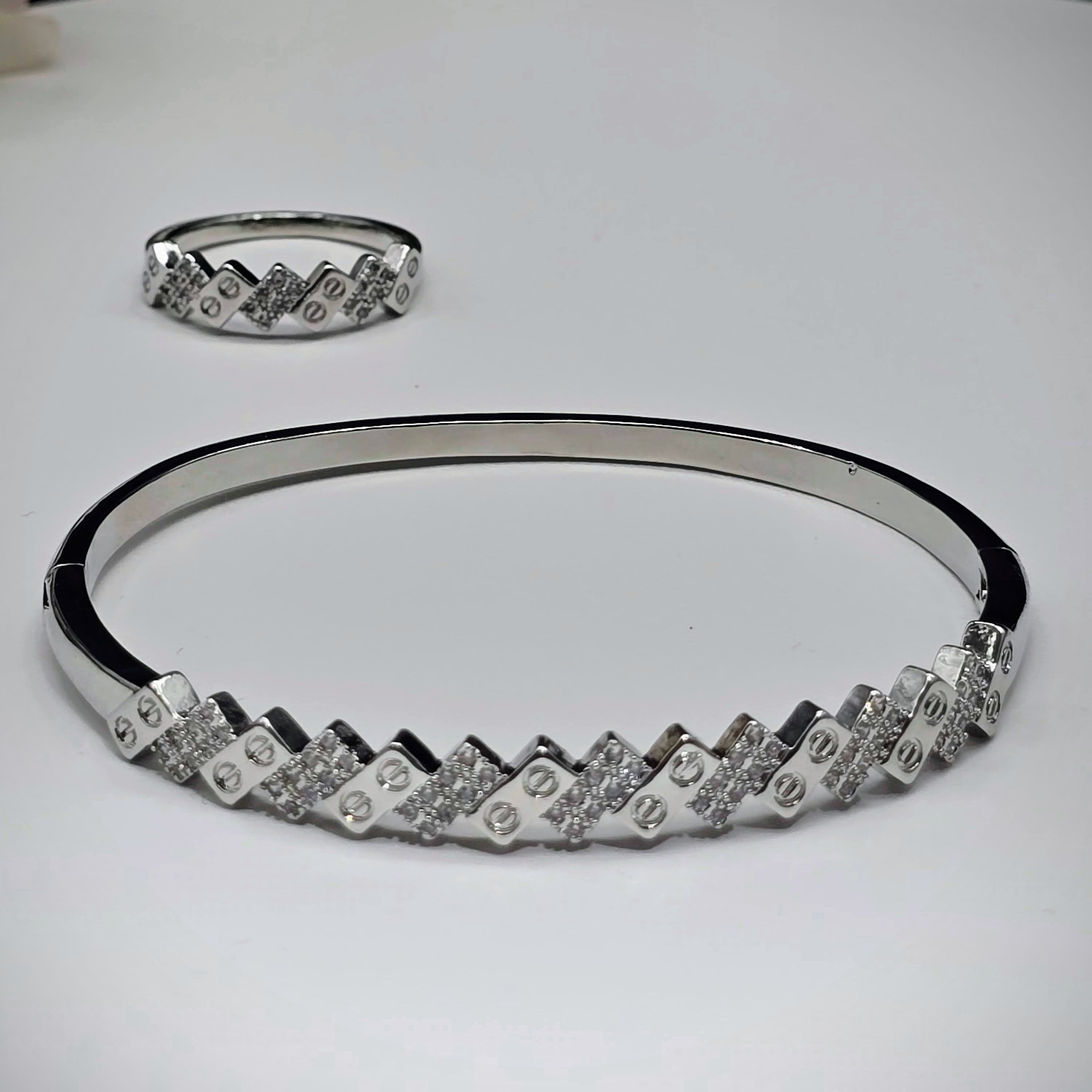 Zigzag Geometric Stainless Steel with Pave Accents Silver Bangle Bracelet and Ring Set