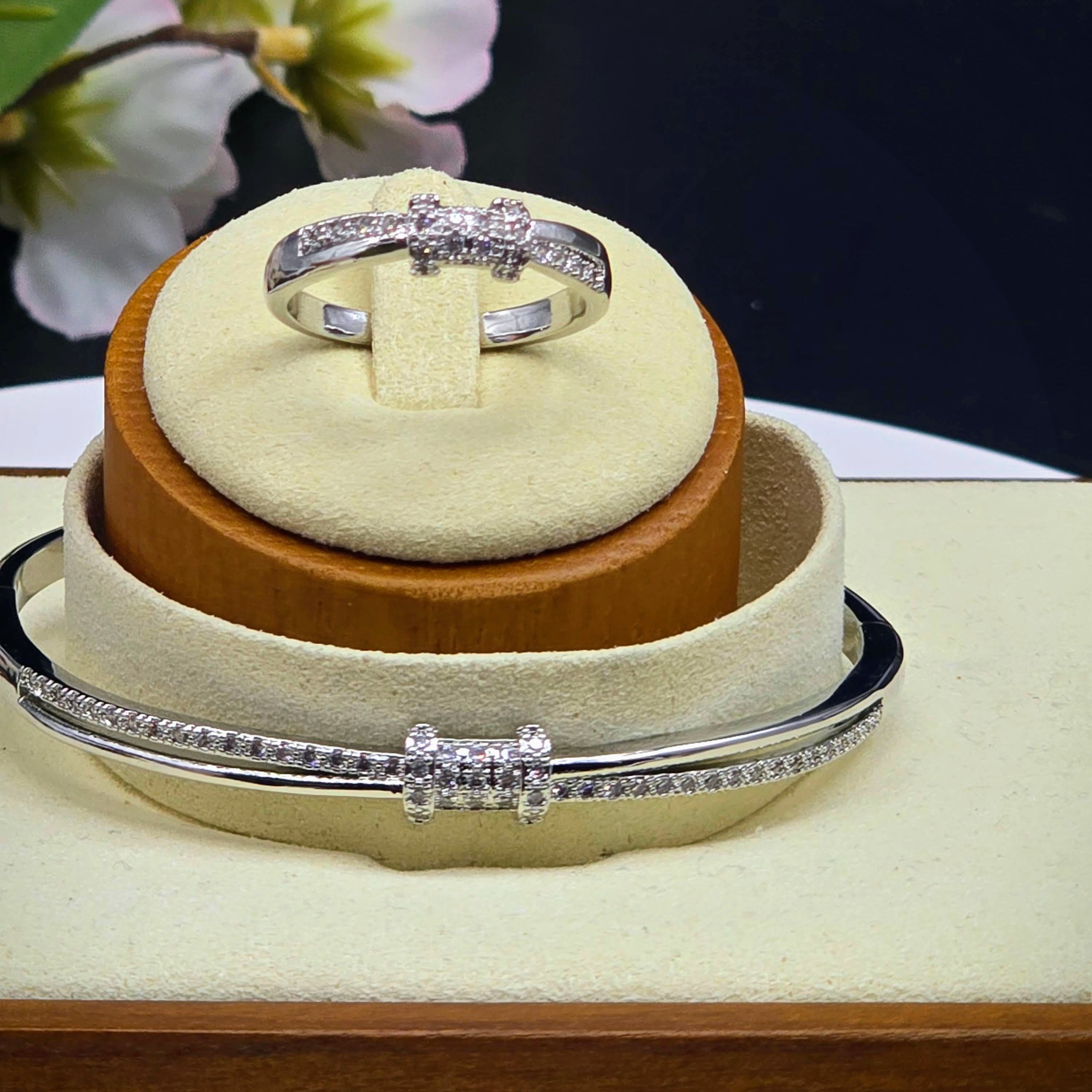 Geometric Barrel Stainless Steel with Pave Accents Bangle Bracelet and Ring Set