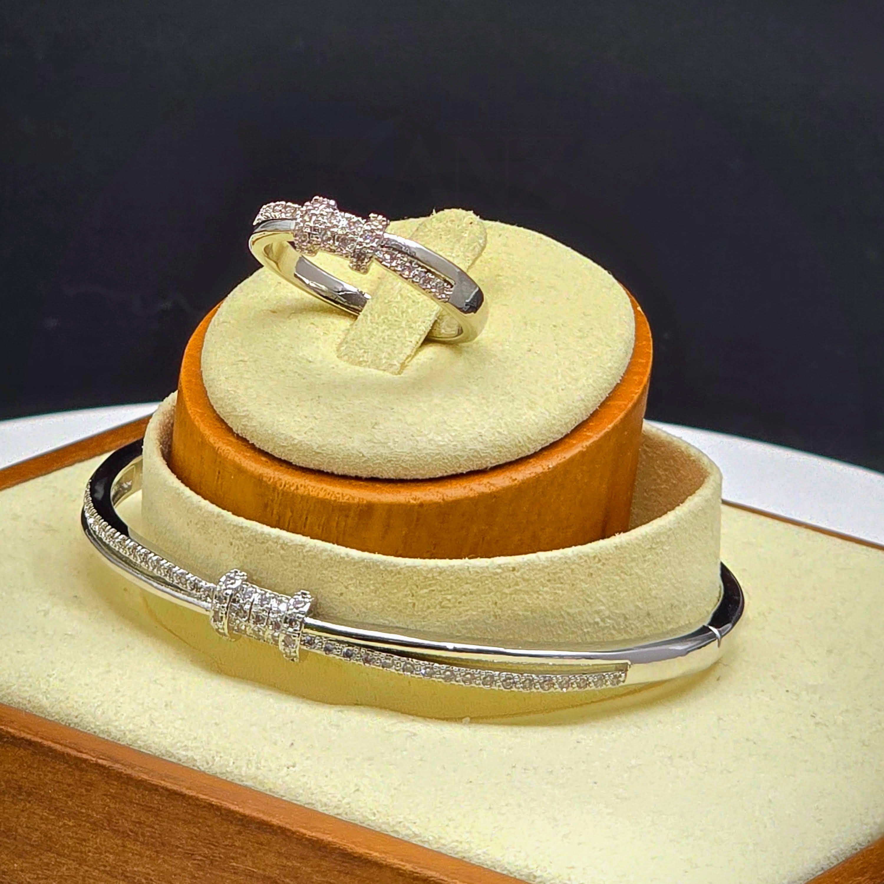 Geometric Barrel Stainless Steel with Pave Accents Bangle Bracelet and Ring Set