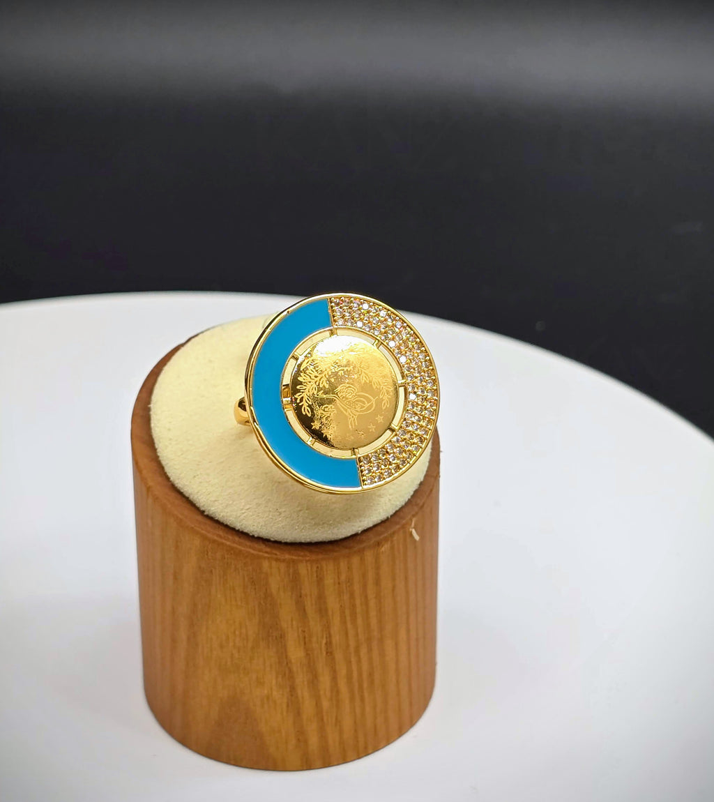 Blue Enamel Medallion Gold Plated Ring with Engraved Motif