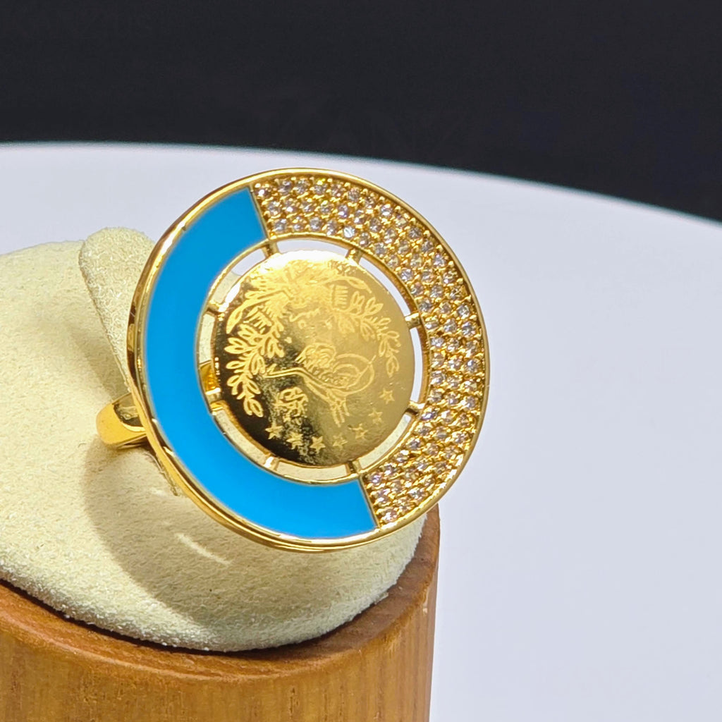 Blue Enamel Medallion Gold Plated Ring with Engraved Motif