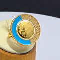 Blue Enamel Medallion Gold Plated Ring with Engraved Motif